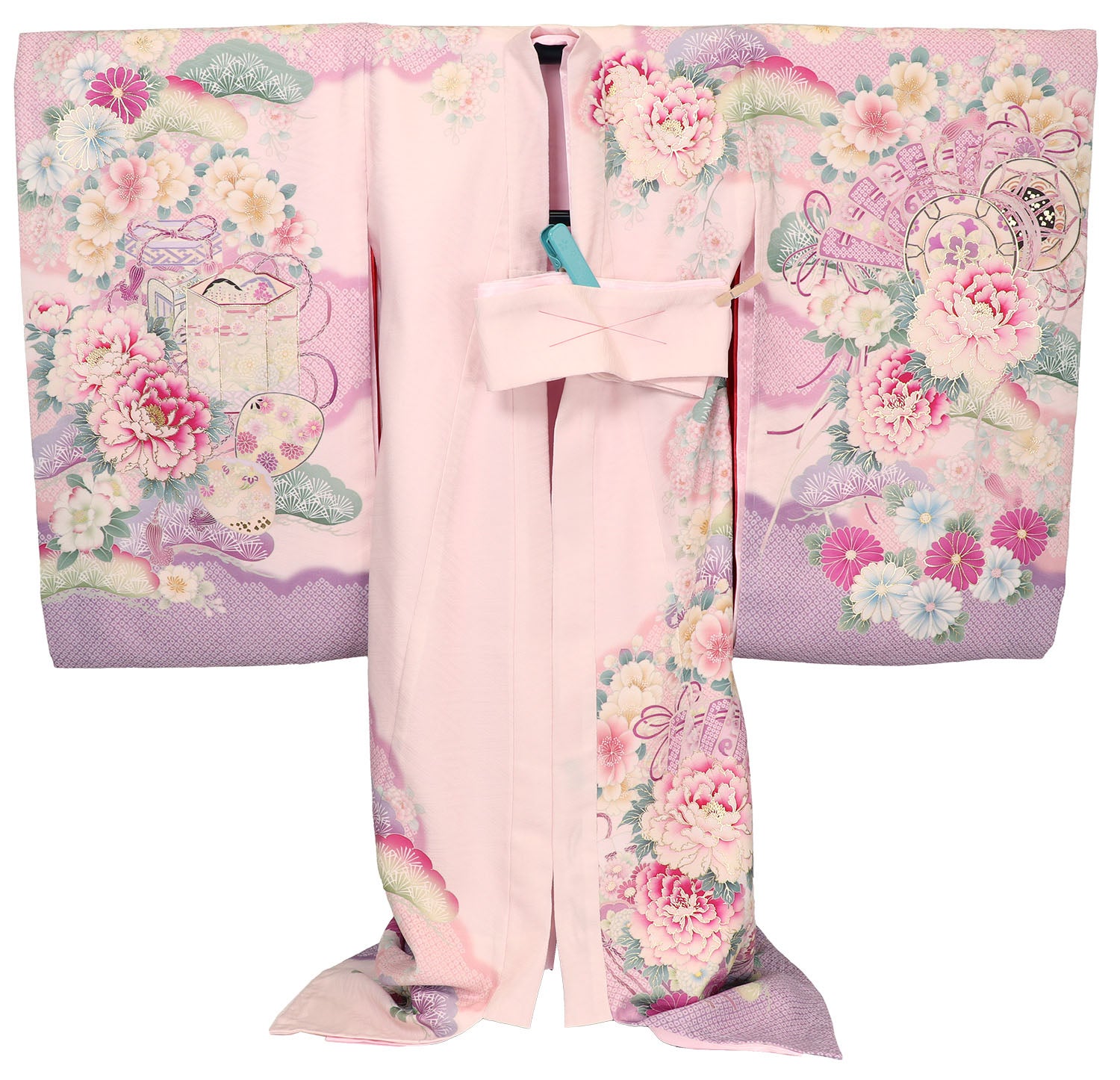 [レンタル] 女の子 お宮参り 産着 京都丸紅 / 華徒然 レンタル6点フルセット 正絹 牡丹と檜扇と貝桶 ピンク色の宅配レンタル - 2