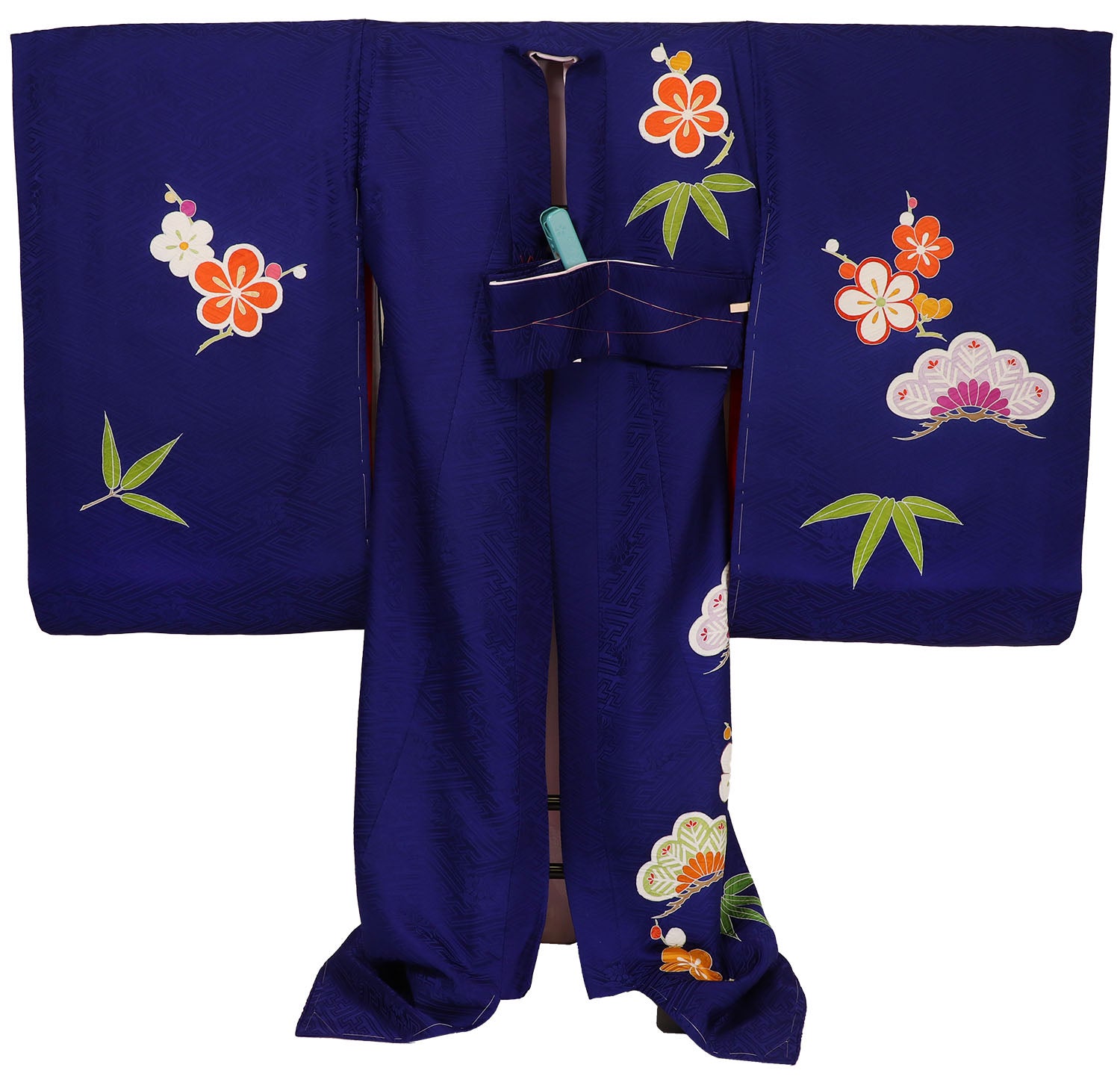 [レンタル] [手描友禅] 女の子 お宮参り 産着 手描友禅 レンタル6点フルセット 正絹 金駒刺繍の貝桶に松竹梅 加賀調の紺色の宅配レンタル - 2
