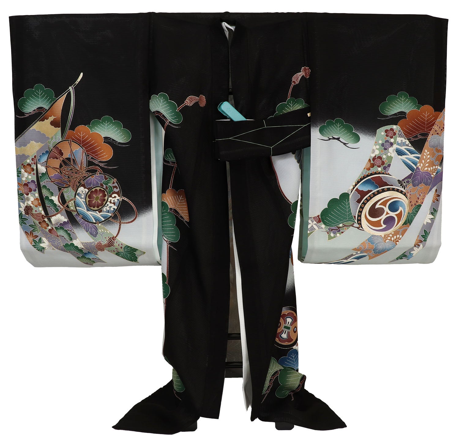 [レンタル] 男の子 お宮参り 産着 絽（夏用） レンタル6点フルセット 正絹 鷹に兜と松づくし 黒色の宅配レンタル - 2