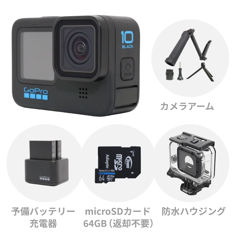 GoPro HERO10 Black 初心者セット (カメラアーム・予備バッテリー・充電器・防水ハウジング・64GBのmicroSDカード付き)