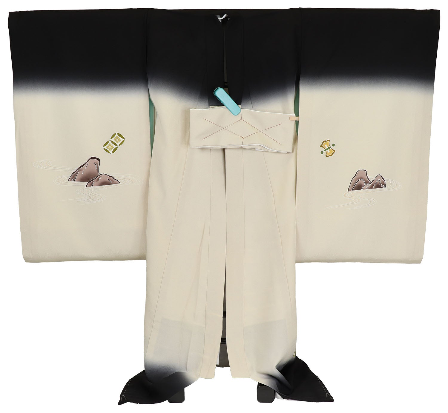 [レンタル] [手描友禅] 男の子 お宮参り 産着 レンタル6点フルセット 正絹 鷹に石庭 黒・クリーム色の宅配レンタル - 2