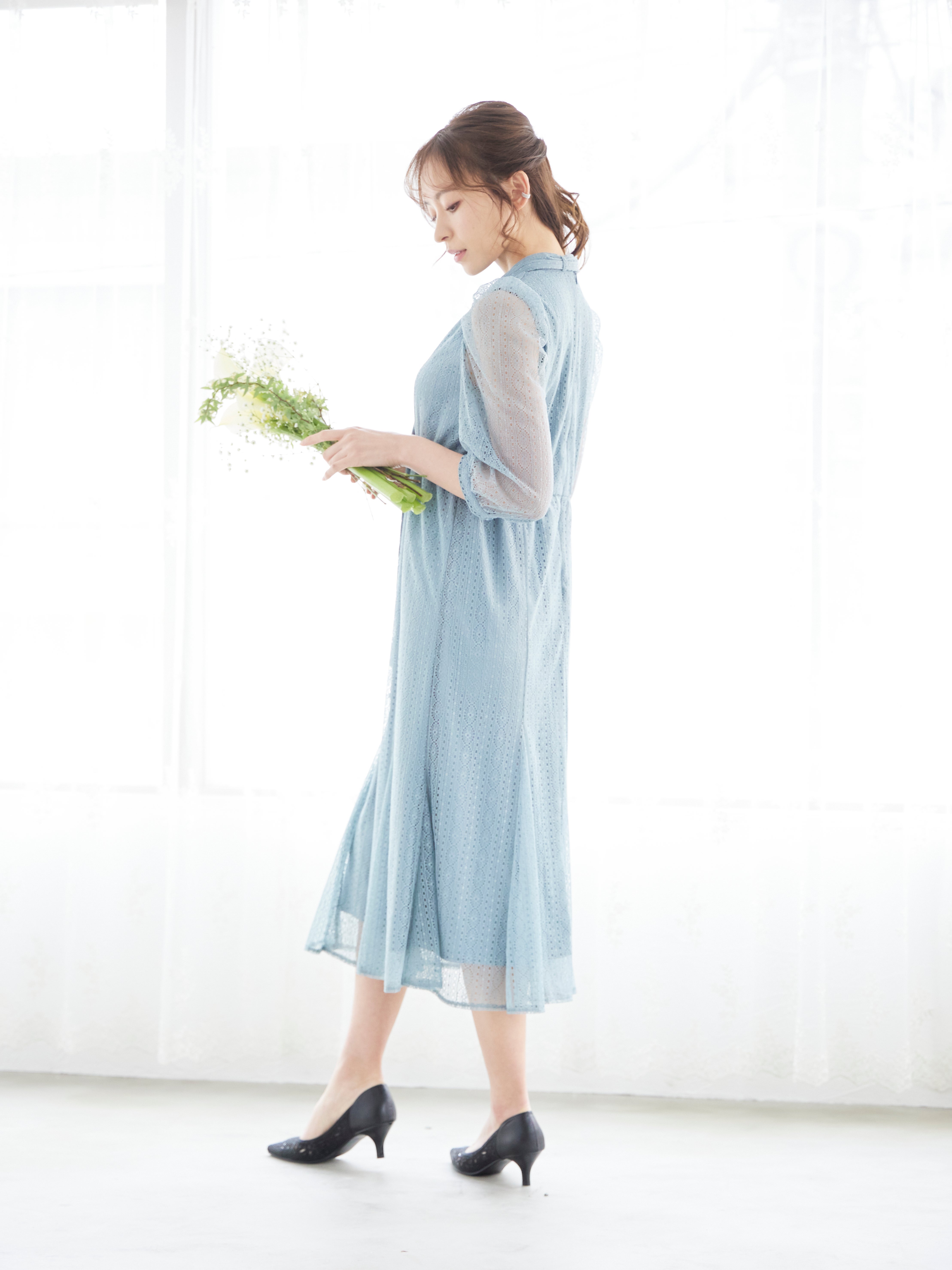 [レンタル] BELINDA DE CAPRIS リボン付きギャザースリーブ レースワンピースドレス サックスブルーの宅配レンタル - 6