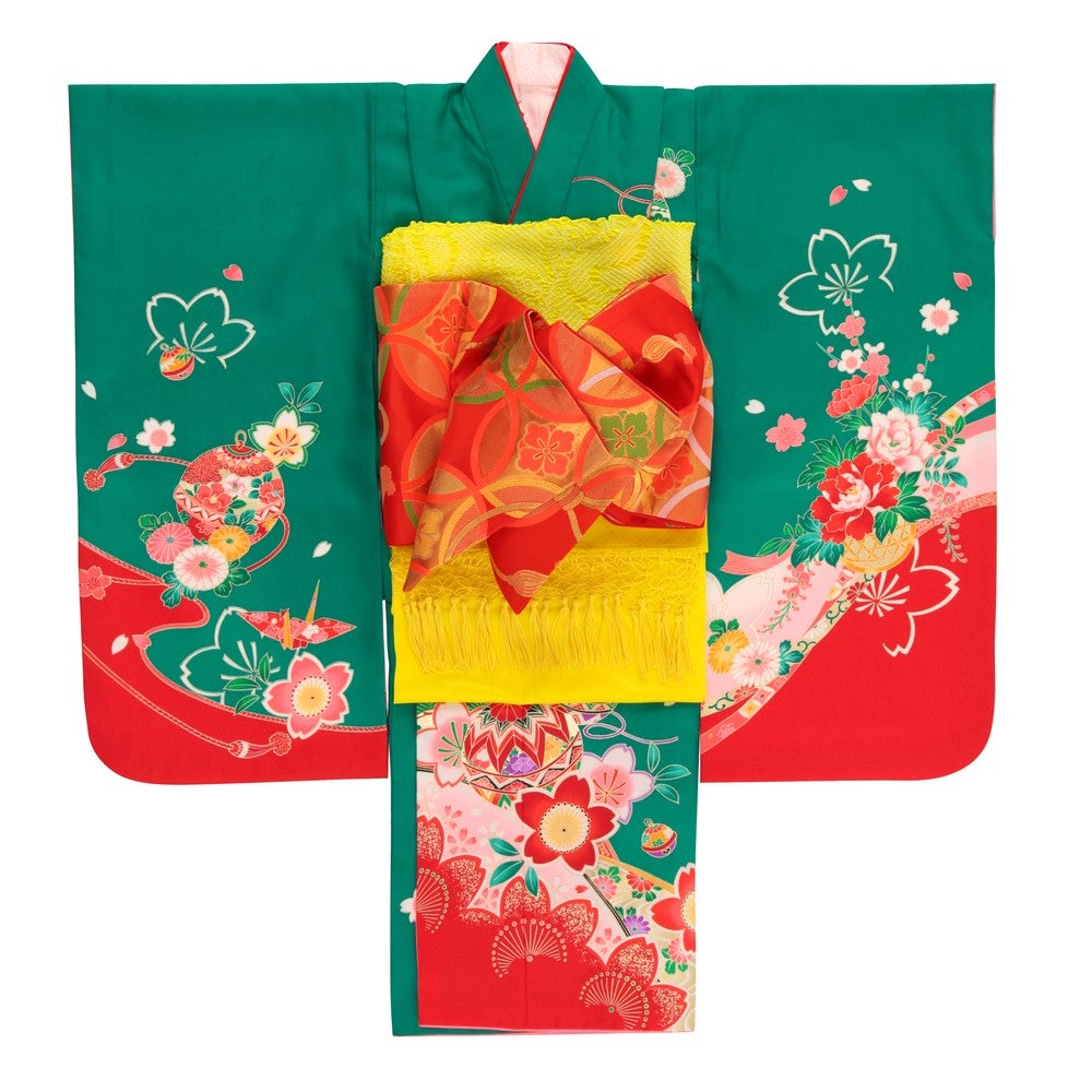 緑色の七五三四つ身着物レンタル