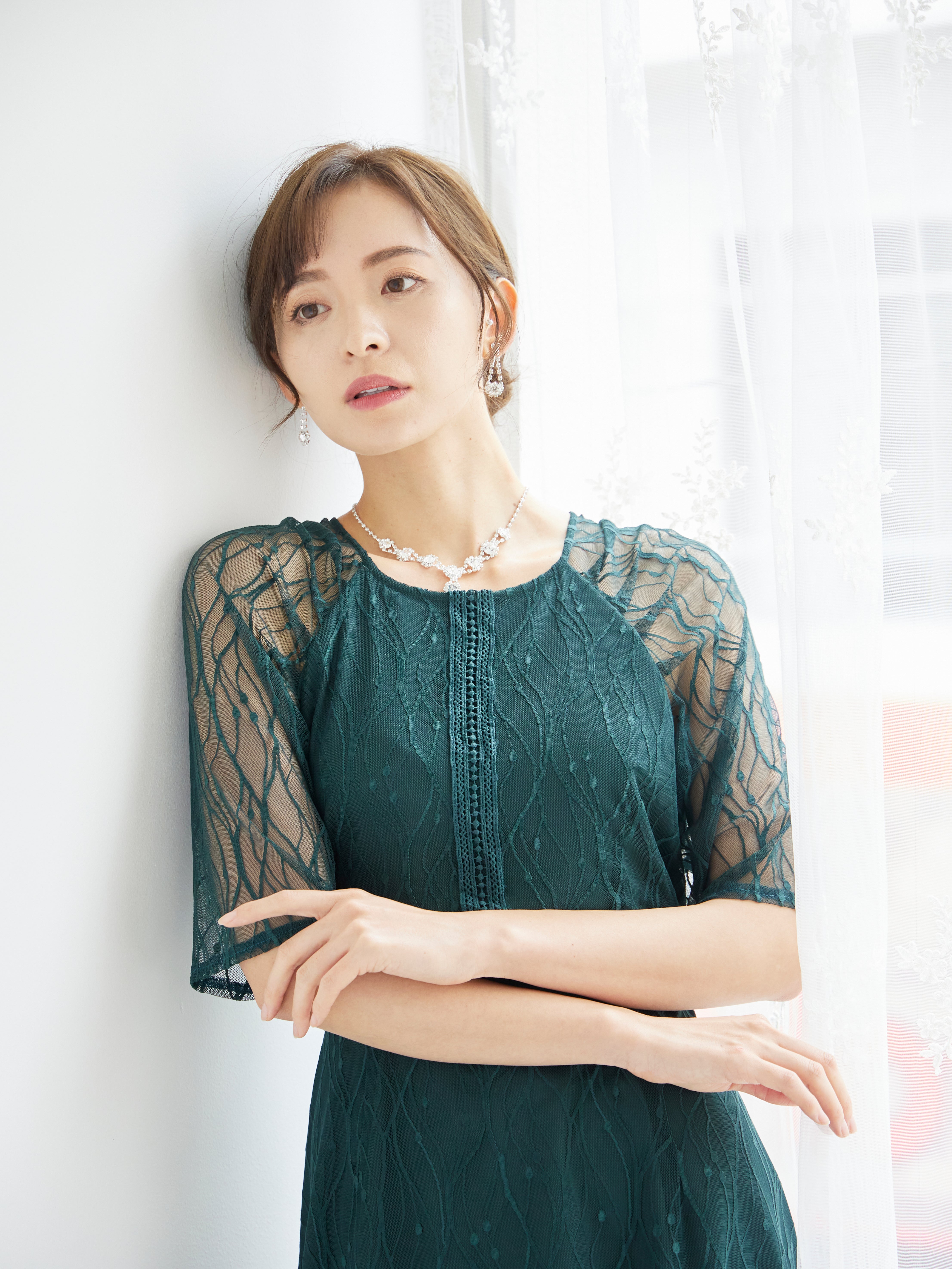 [レンタル] BELINDA DE CAPRIS ラグランスリーブレース ワンピースドレス グリーンの宅配レンタル - 9