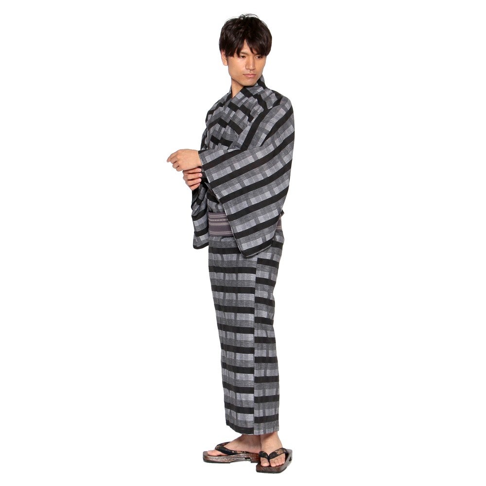 [レンタル] メンズ浴衣 フルセット 格子柄 身長目安170cm・175cm・180cm ブラック Lサイズ