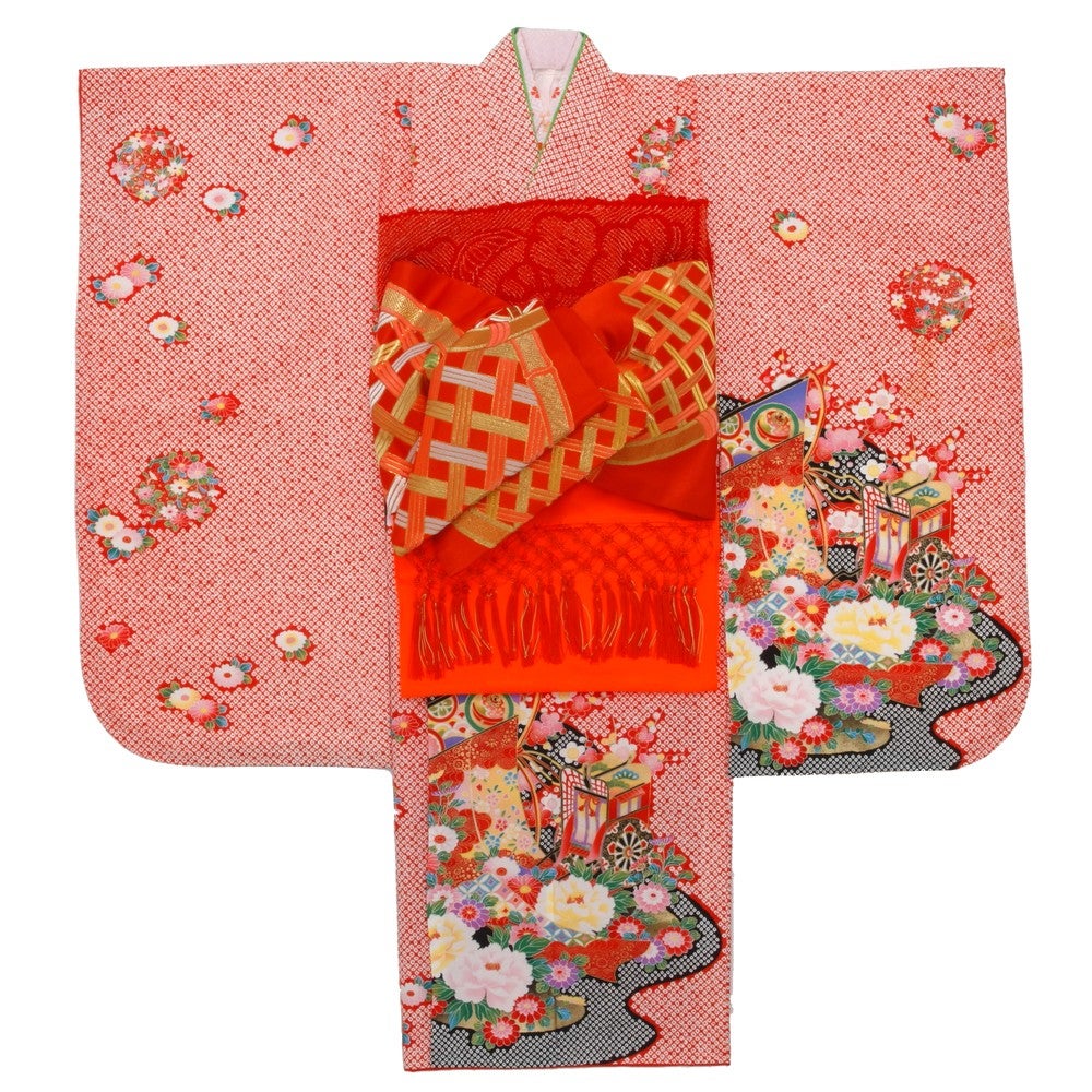 赤色の七五三四つ身着物レンタル