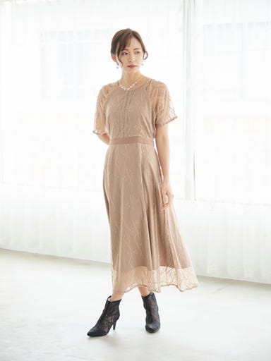 BELINDA DE CAPRIS ラグランスリーブレース ワンピースドレス ベージュ Lサイズ