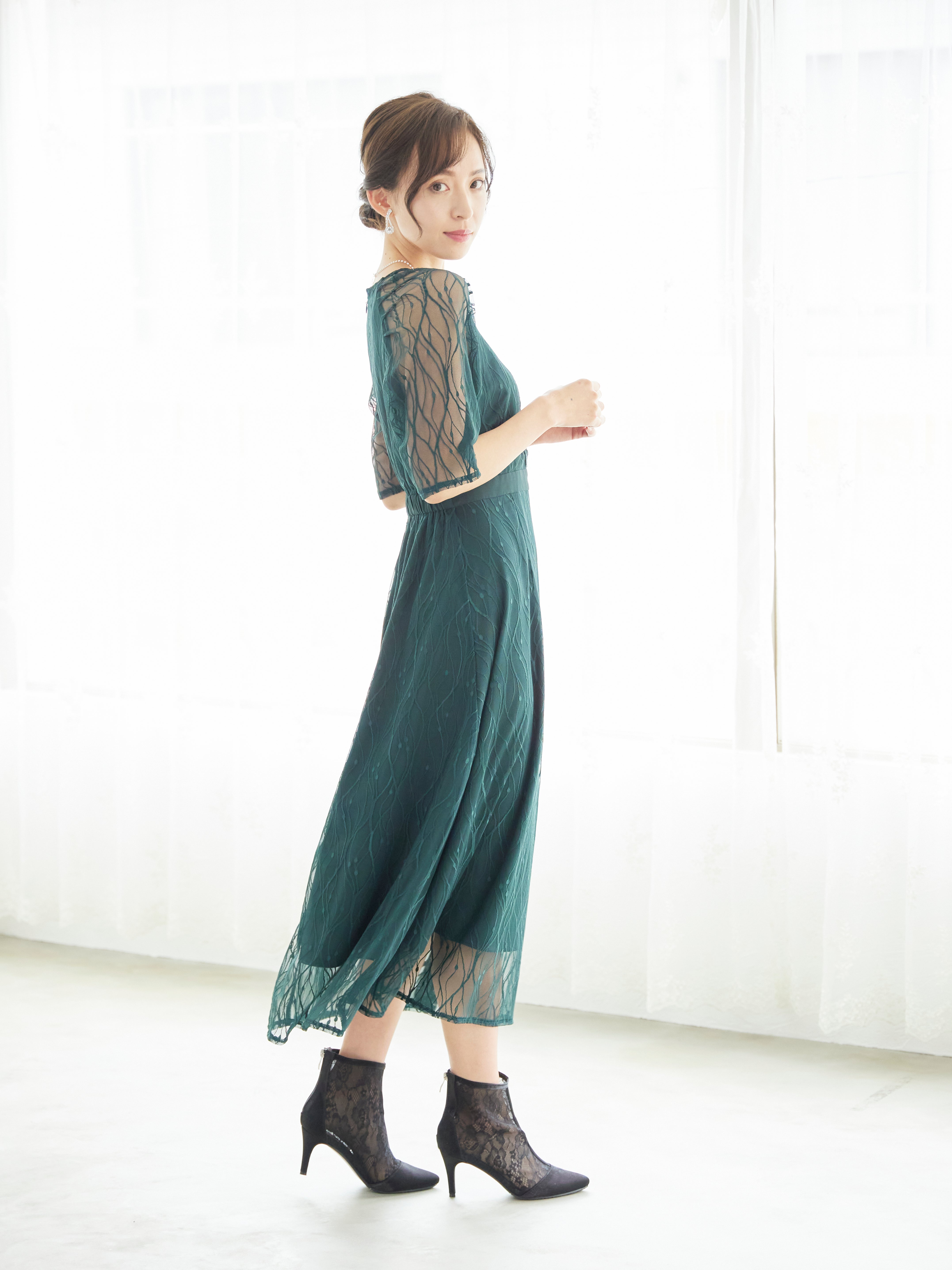 [レンタル] BELINDA DE CAPRIS ラグランスリーブレース ワンピースドレス グリーンの宅配レンタル - 6