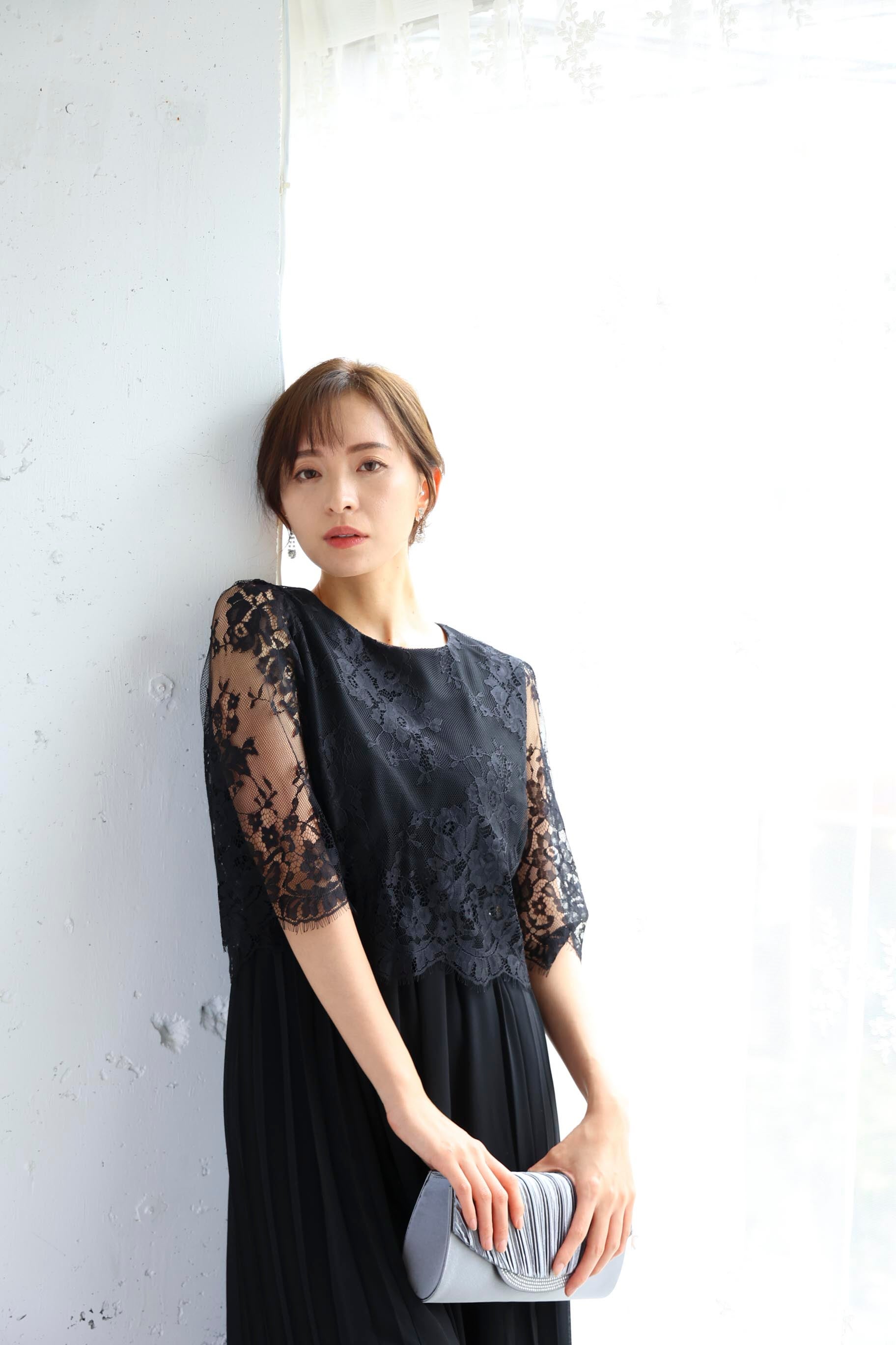 [レンタル] BELINDA DE CAPRIS サイドプリーツ レーススリーブ ワンピースドレス ブラックの宅配レンタル - 10