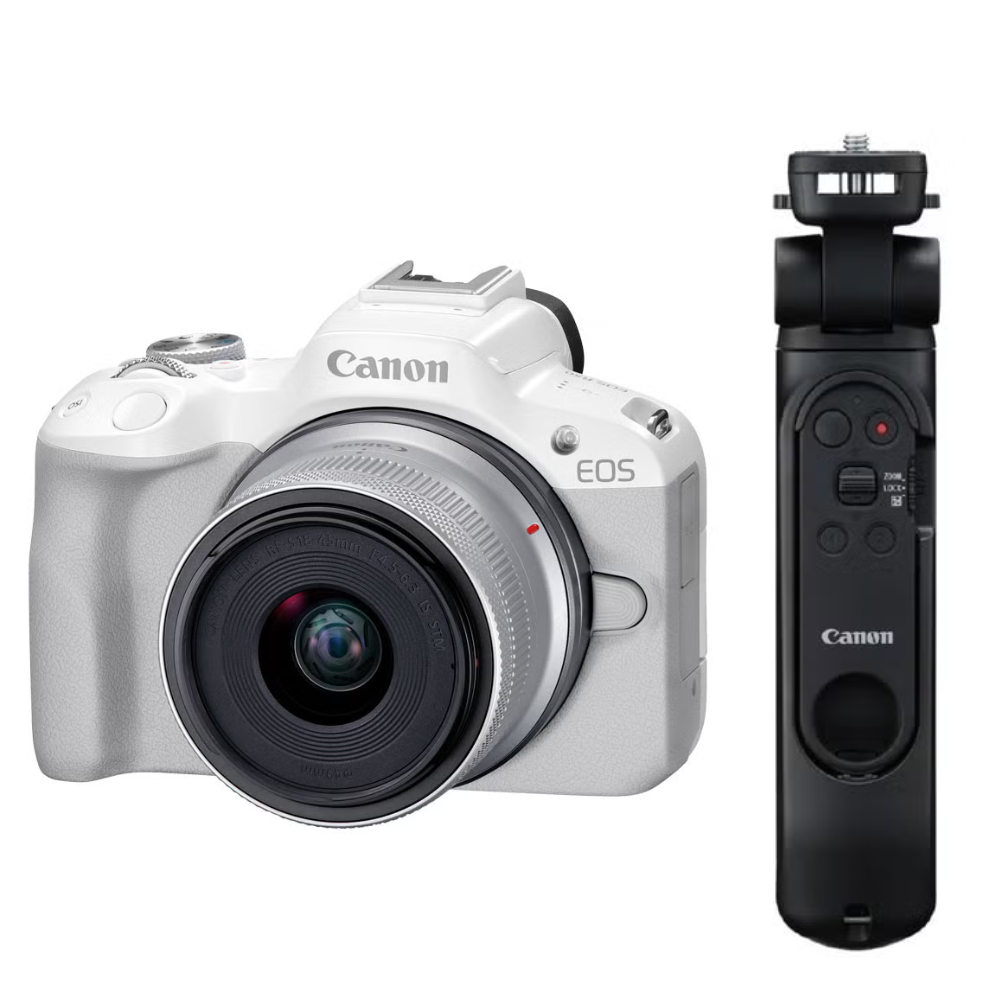 [レンタル] CANON EOS R50 レンズキット ホワイト＋トライポッドグリップ HG-200TBR