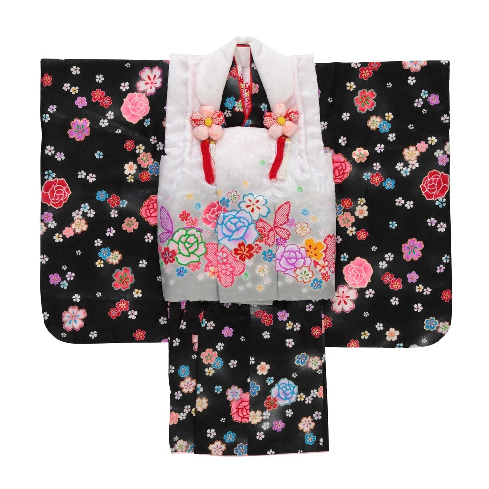 [レンタル] 七五三/節句 被布セット 3歳女の子 被布セット 愛らしい 花々 選べる2色(ピンク / 黒) ブラック