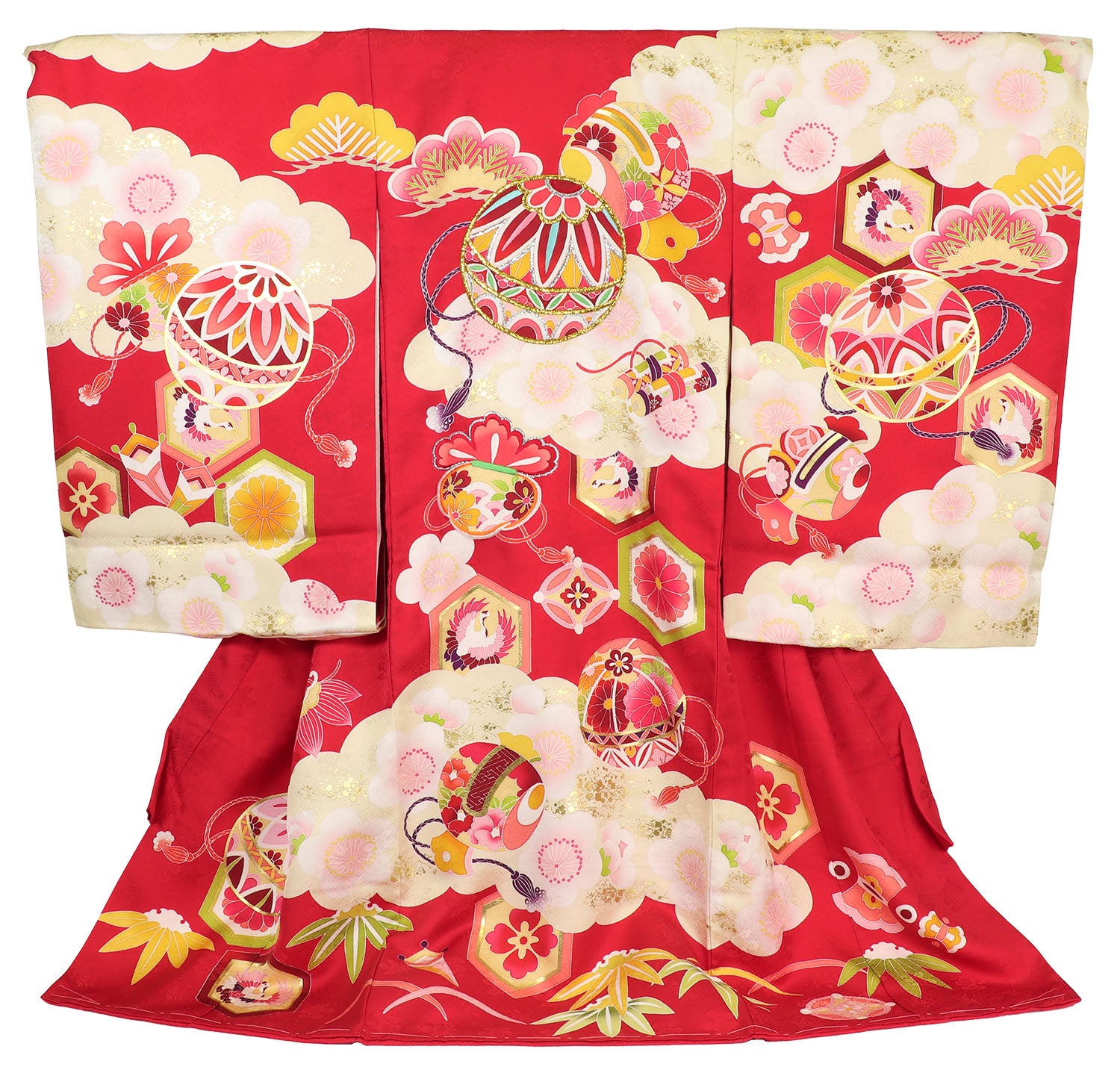 女の子 お宮参り 産着 レンタル6点フルセット 正絹 鞠に打ち出の小槌 赤色