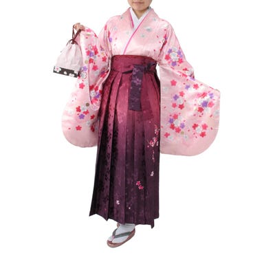 女性用 袴セット 桜柄 (着物、袴、和装小物一式) ピンク