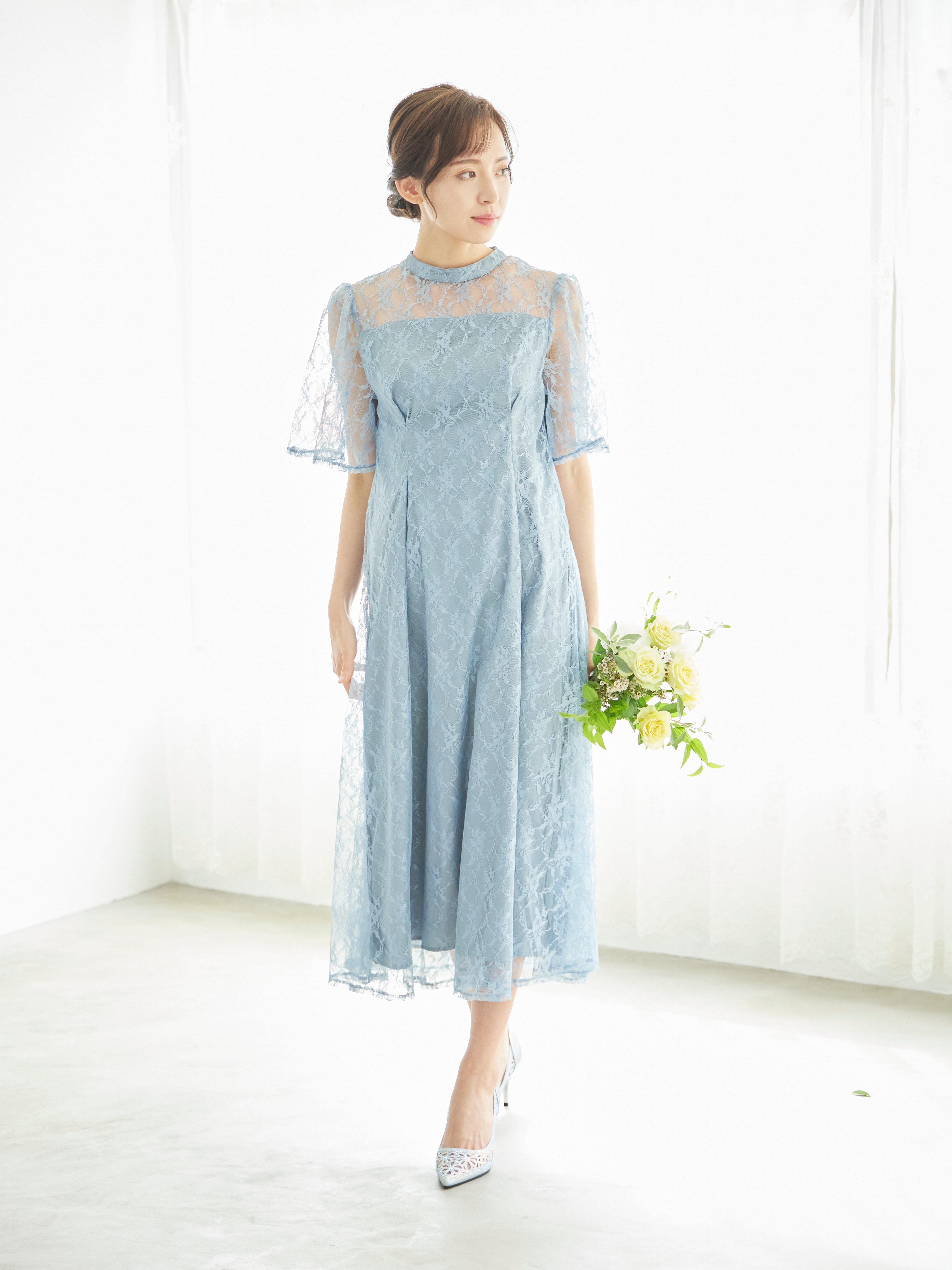 ブルー ハイネック スリットドレス Sサイズ レンタル] BELINDA DE CAPRIS 総レースフレア袖 ハイネック ワンピース