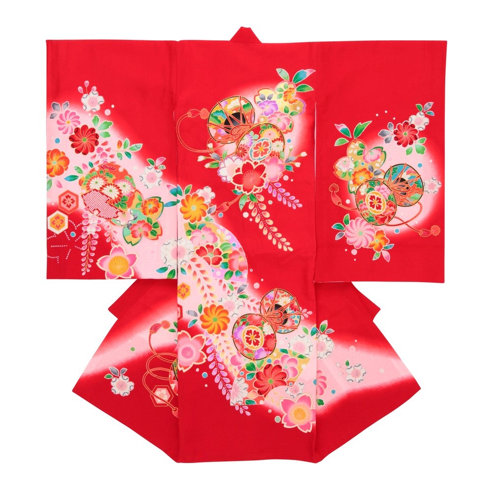 [レンタル] 女の子 お宮参り 産着レンタル6点フルセット 正絹 鞠 小太鼓 レッド