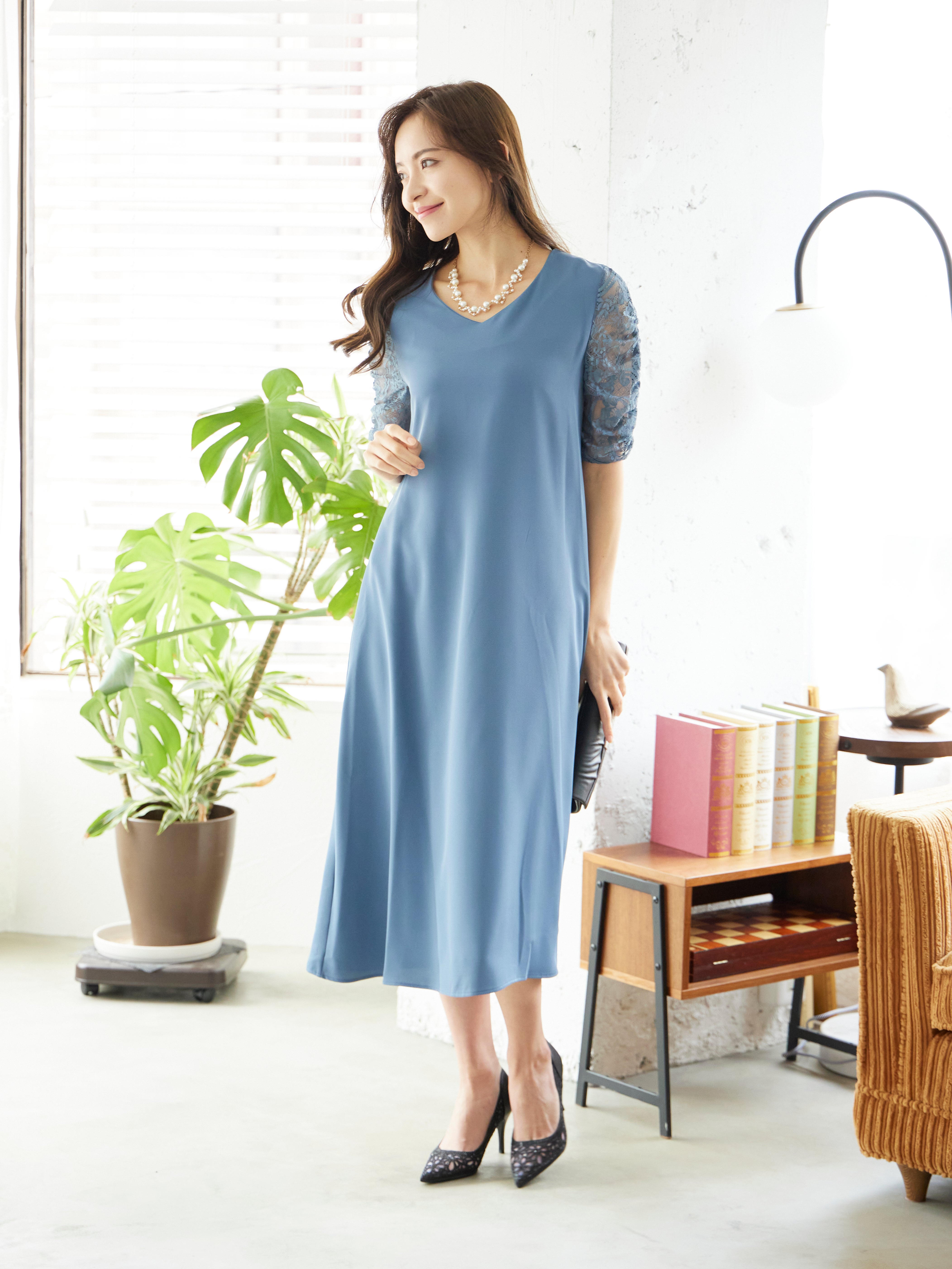 [レンタル] BELINDA DE CAPRIS Vネックギャザースリープ ワンピースドレス ブルーグレーの宅配レンタル - 7