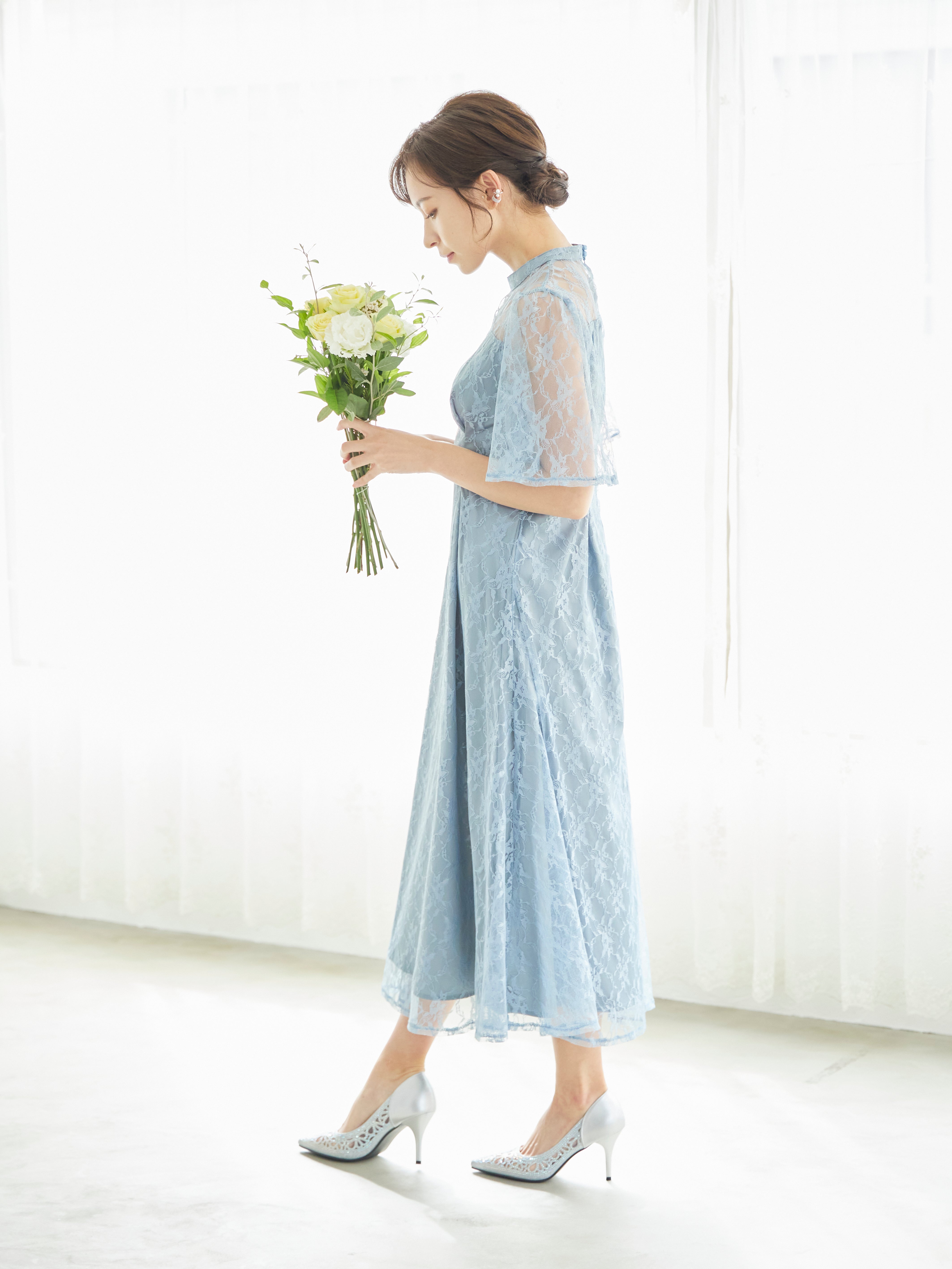 [レンタル] BELINDA DE CAPRIS 総レースフレア袖 ハイネック ワンピースドレス サックスブルーの宅配レンタル - 4