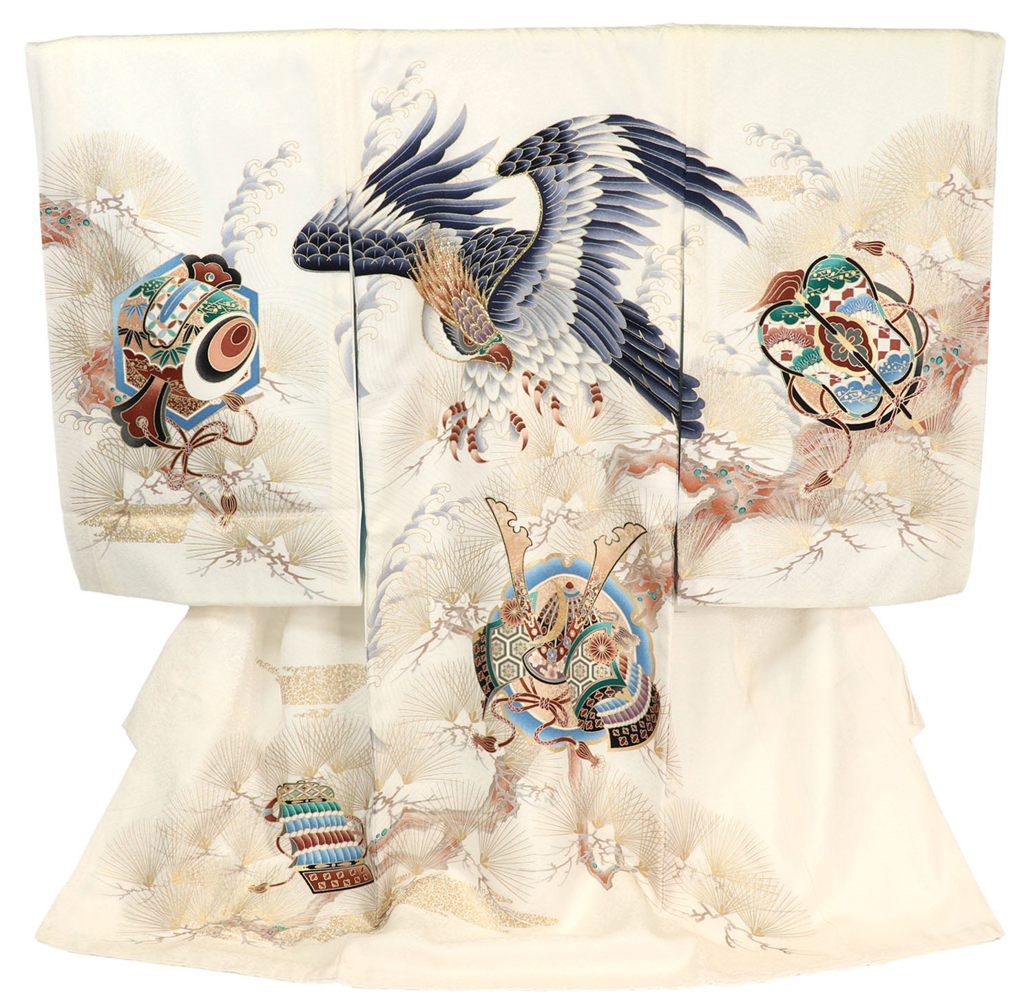 男の子 お宮参り 産着 レンタル6点フルセット 正絹 飛翔する鷹に兜 白色