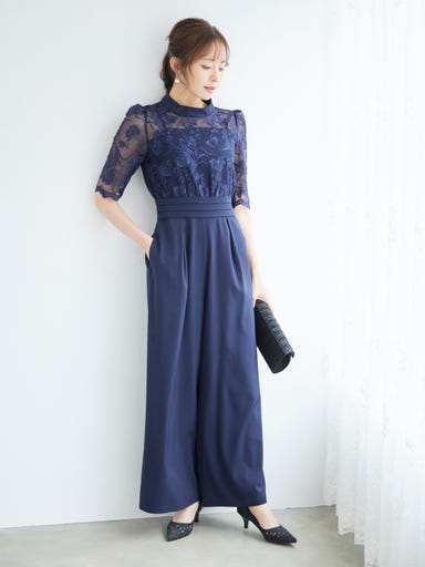 BELINDA DE CAPRIS 刺繍レース オールインワン パンツドレス ネイビー Lサイズ