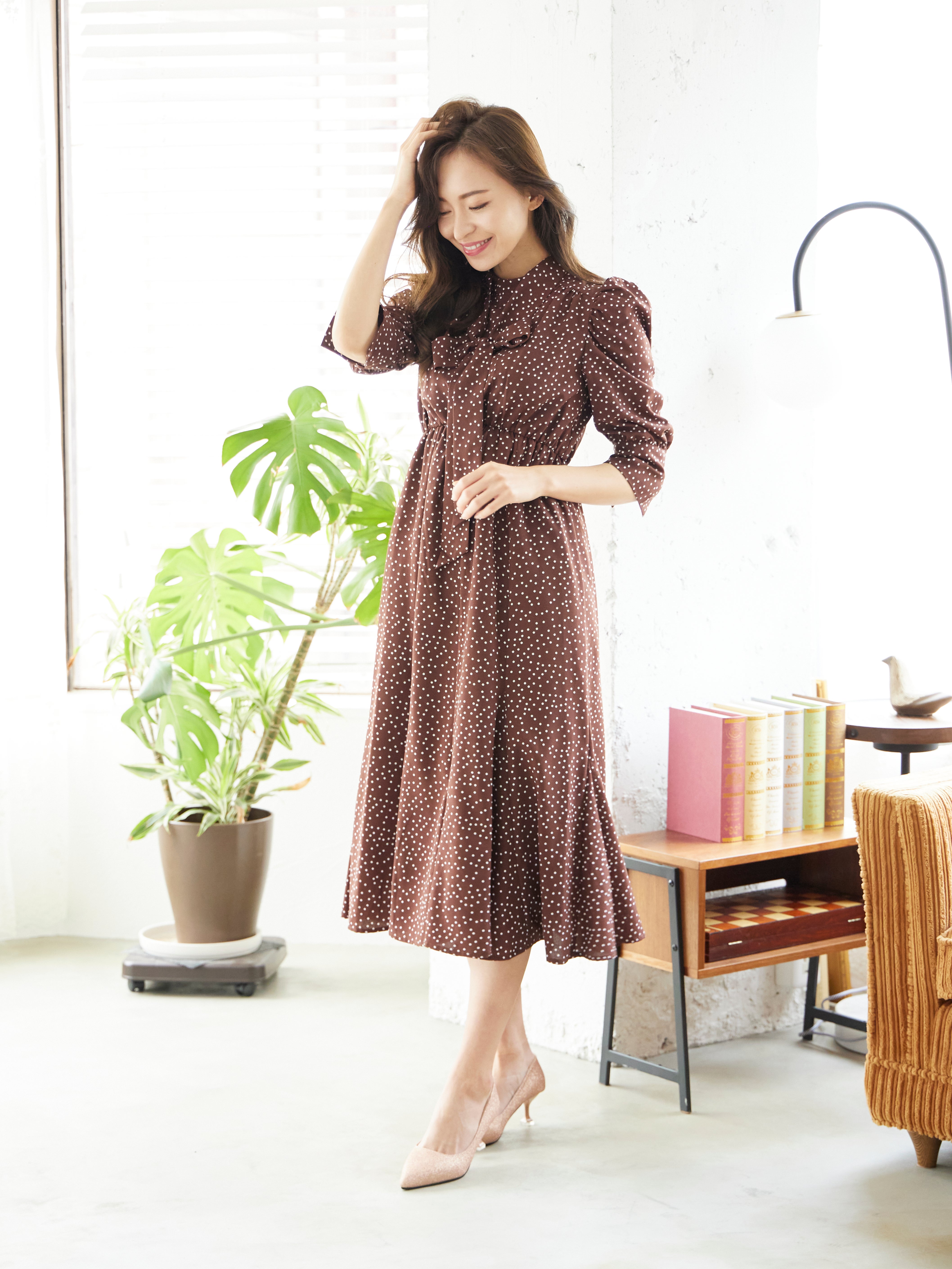 [レンタル] BELINDA DE CAPRIS ギャザースリーブ ドットワンピースドレス ブラウンの宅配レンタル - 7