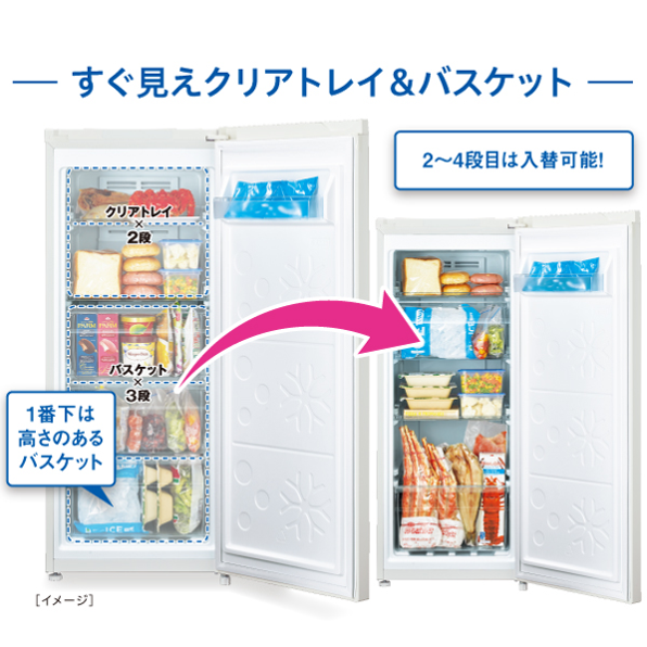 [122L][右開き]アクア 冷凍庫 AQF-F12R-W サテンホワイト すぐ見えクリアトレイ＆バスケットの説明 - 6