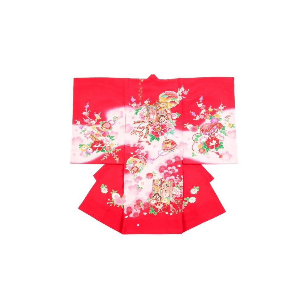 女の子 お宮参り 産着レンタル6点フルセット 正絹 御所車 鞠