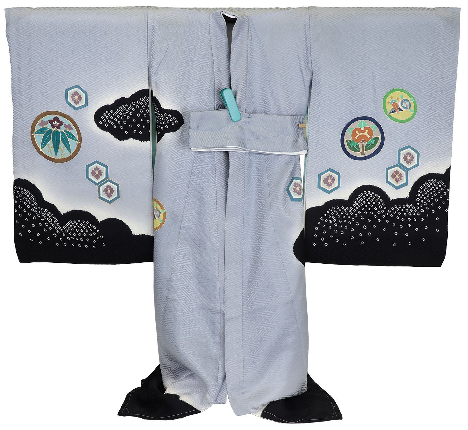 [レンタル] [手描友禅] 男の子 お宮参り 産着 手描友禅 レンタル6点フルセット 正絹 鷹と染め疋田 紗綾形グレー色の宅配レンタル - 2