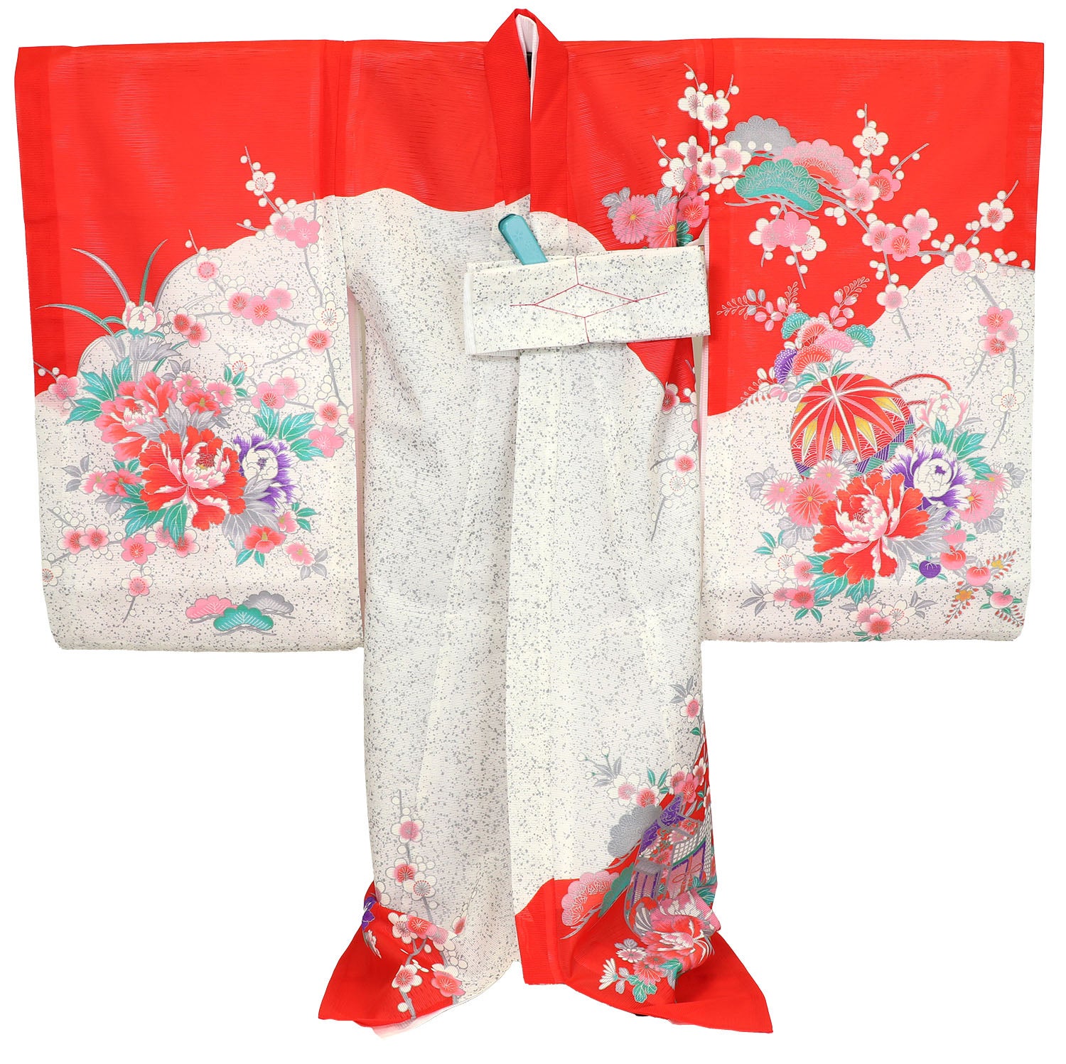 [レンタル] 女の子 お宮参り 産着 絽（夏用） レンタル6点フルセット 御所車と蝶と鞠 赤色の宅配レンタル - 2