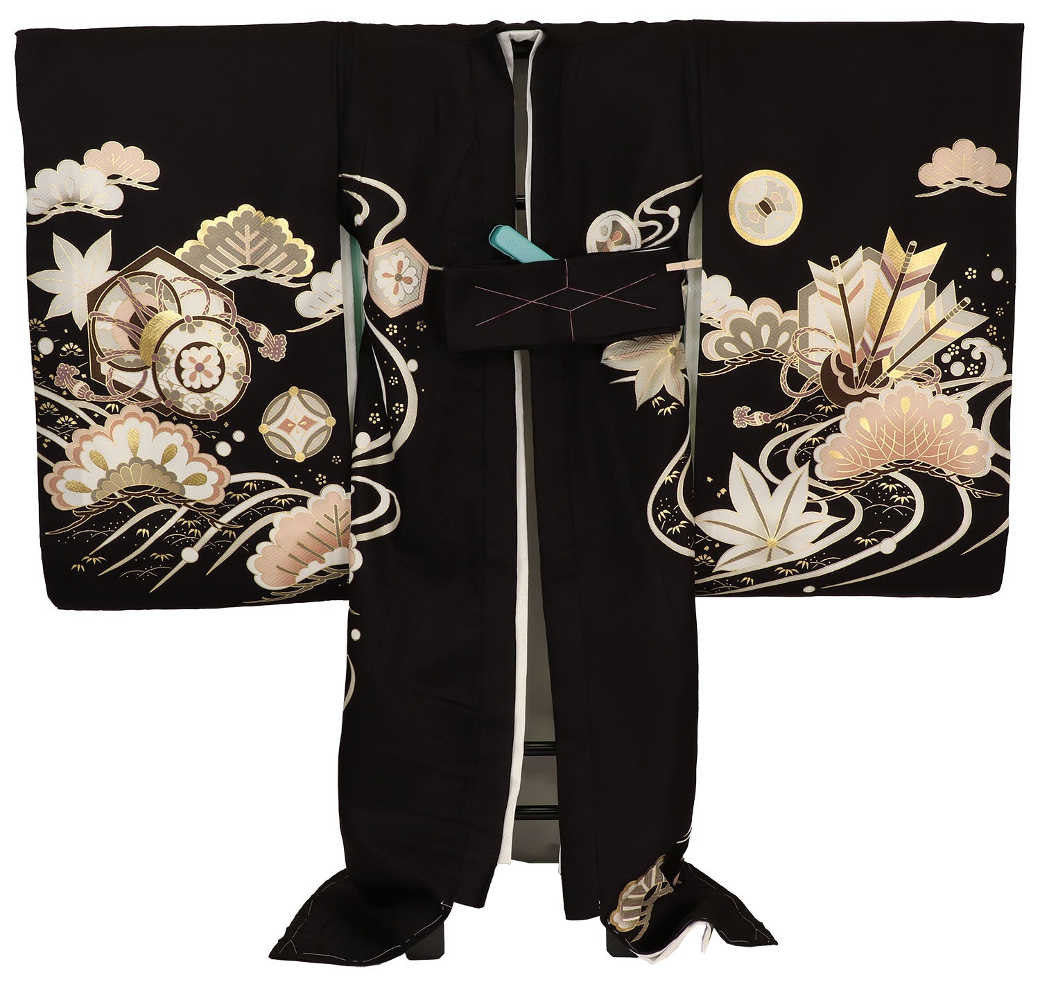 [レンタル] 男の子 お宮参り 産着 レンタル6点フルセット 正絹 鷹に宝船 黒色の宅配レンタル - 2