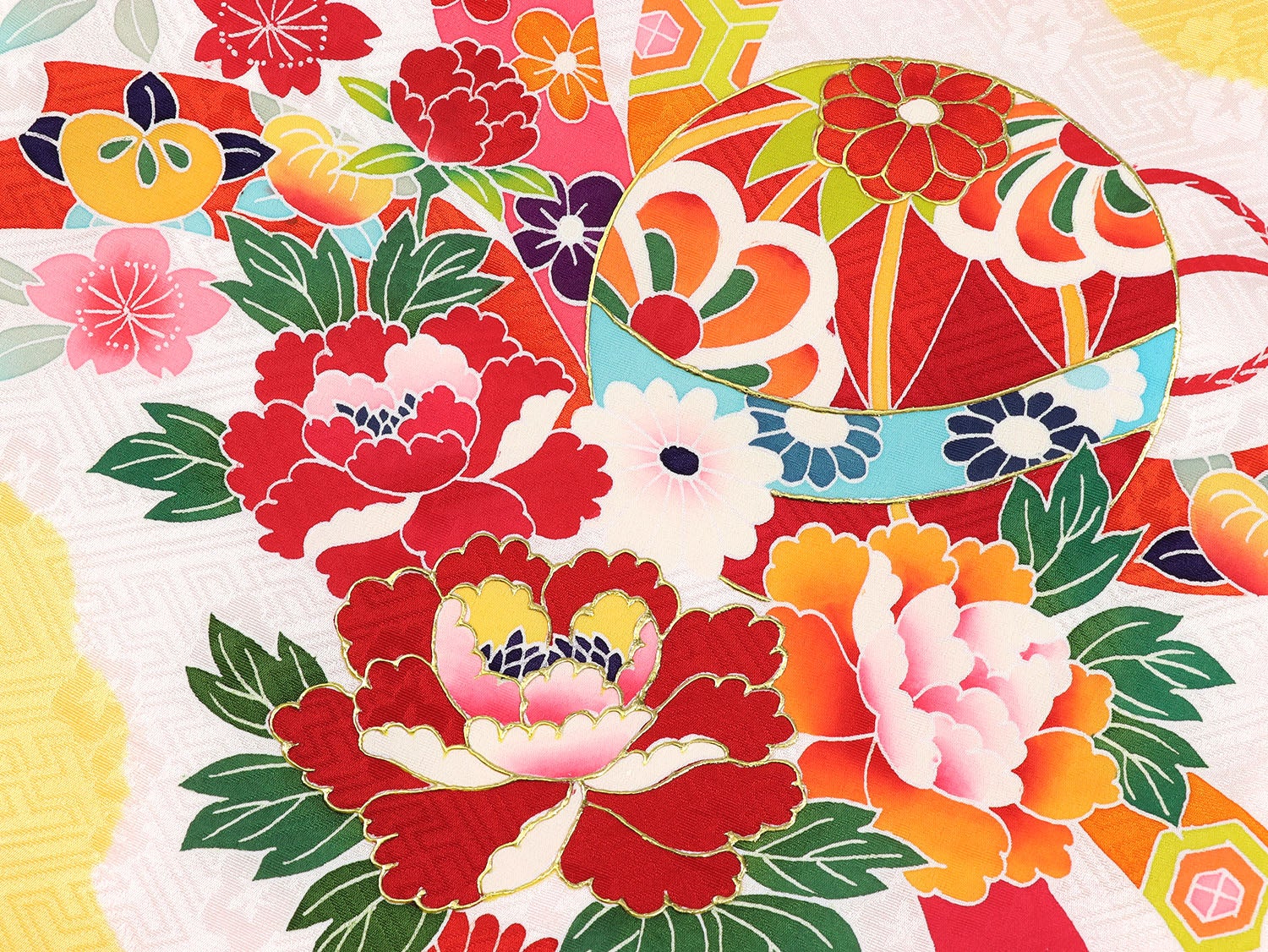 [レンタル] 女の子 お宮参り 産着 レンタル6点フルセット 正絹 鞠と鼓 紗綾形の黄色色の宅配レンタル - 4