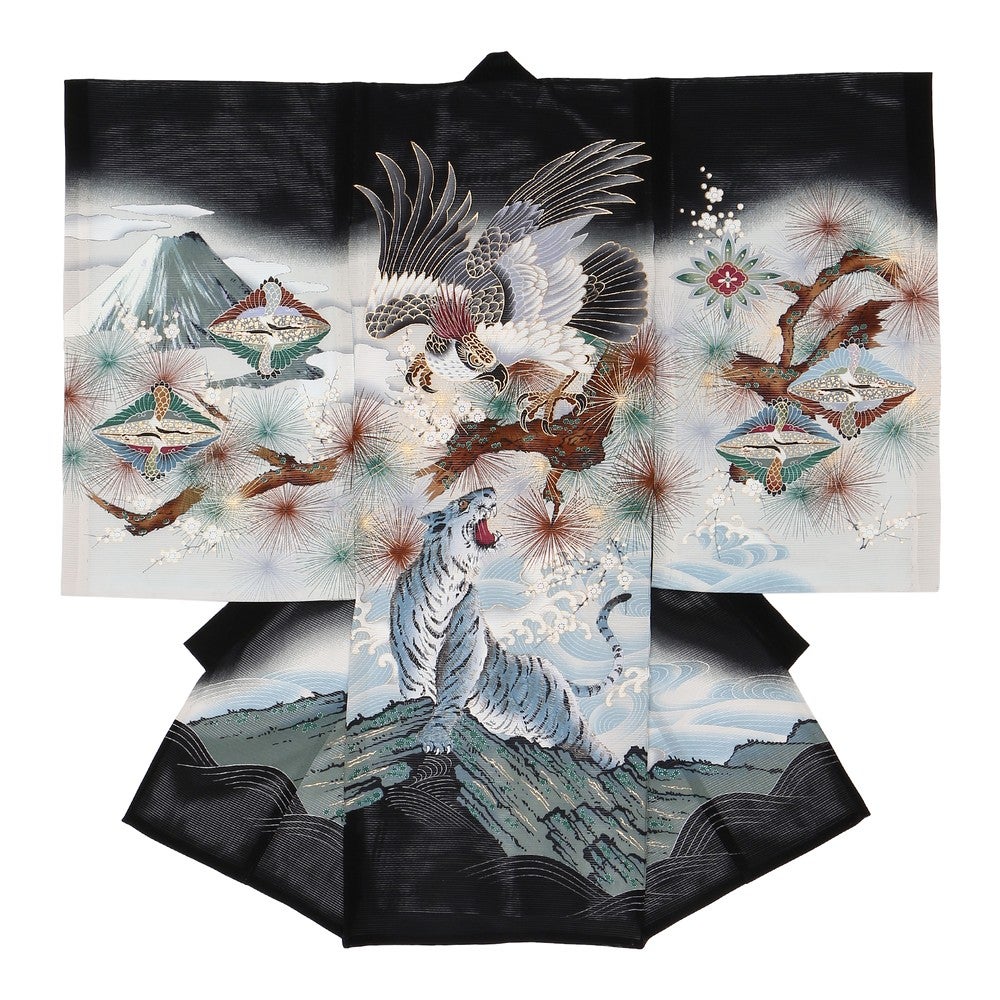 [レンタル] 男の子 お宮参り 産着・絽（夏用）レンタル6点フルセット 正絹 鷹 虎 ブラック