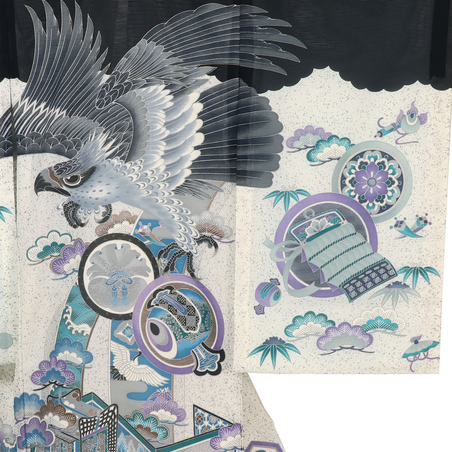 [レンタル] 男の子 お宮参り 産着 絽（夏用） レンタル6点フルセット 鷹に御所車 薄い黒色 / 墨黒の宅配レンタル - 3