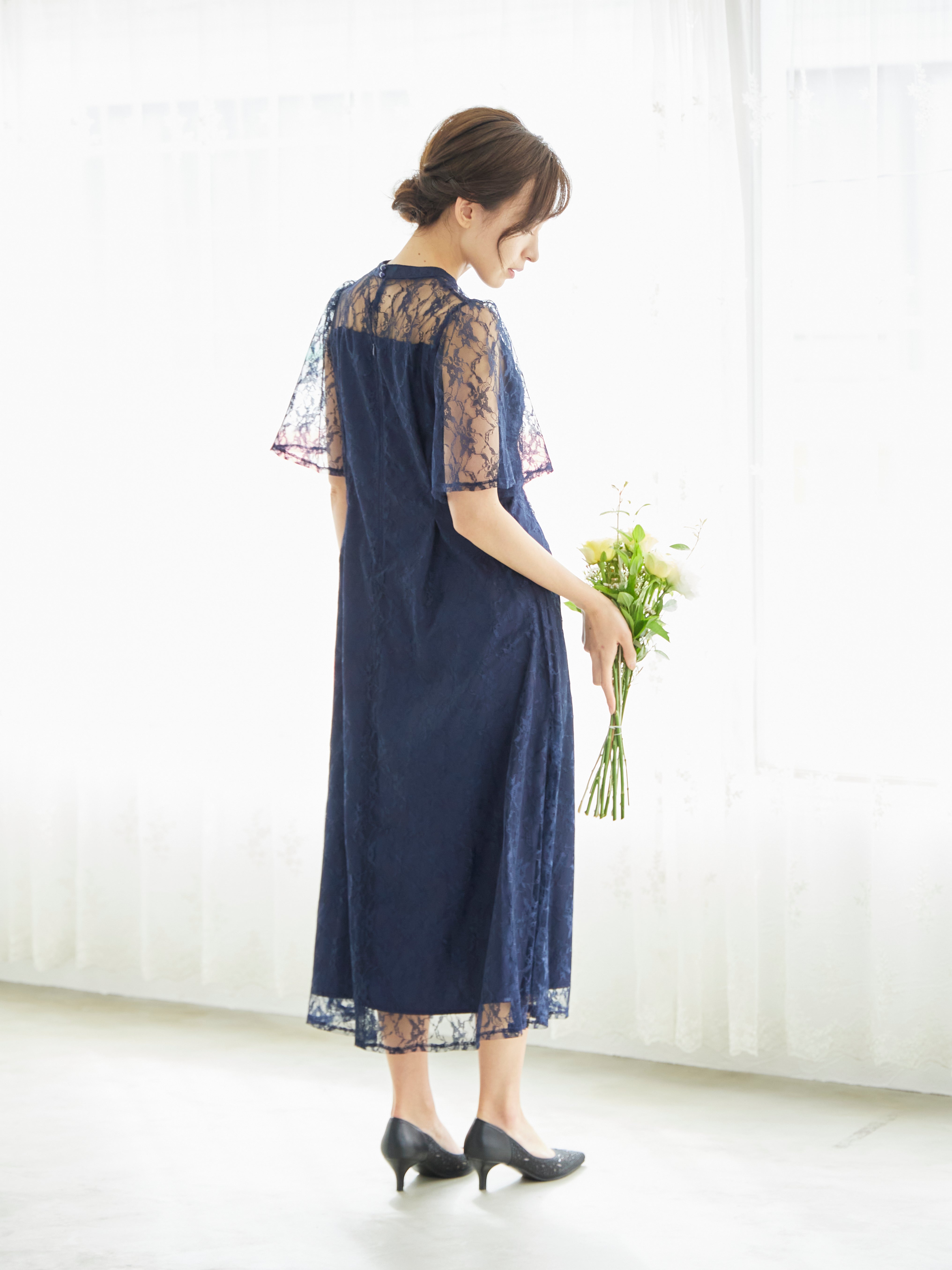 [レンタル] BELINDA DE CAPRIS 総レースフレア袖 ハイネック ワンピースドレス ネイビーの宅配レンタル - 9