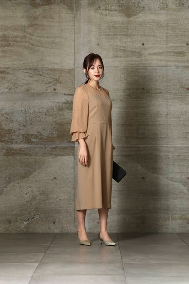 BELINDA DE CAPRIS フロッキー ドットチュール ワンピースドレス ベージュ Lサイズ
