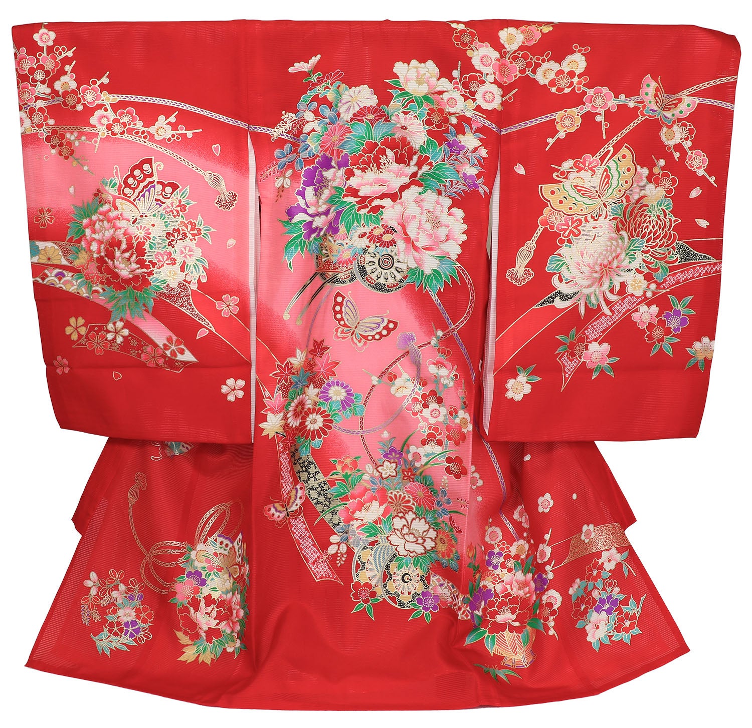 [レンタル] 女の子 お宮参り 産着 絽（夏用）レンタル6点フルセット 正絹 花車に蝶 赤色