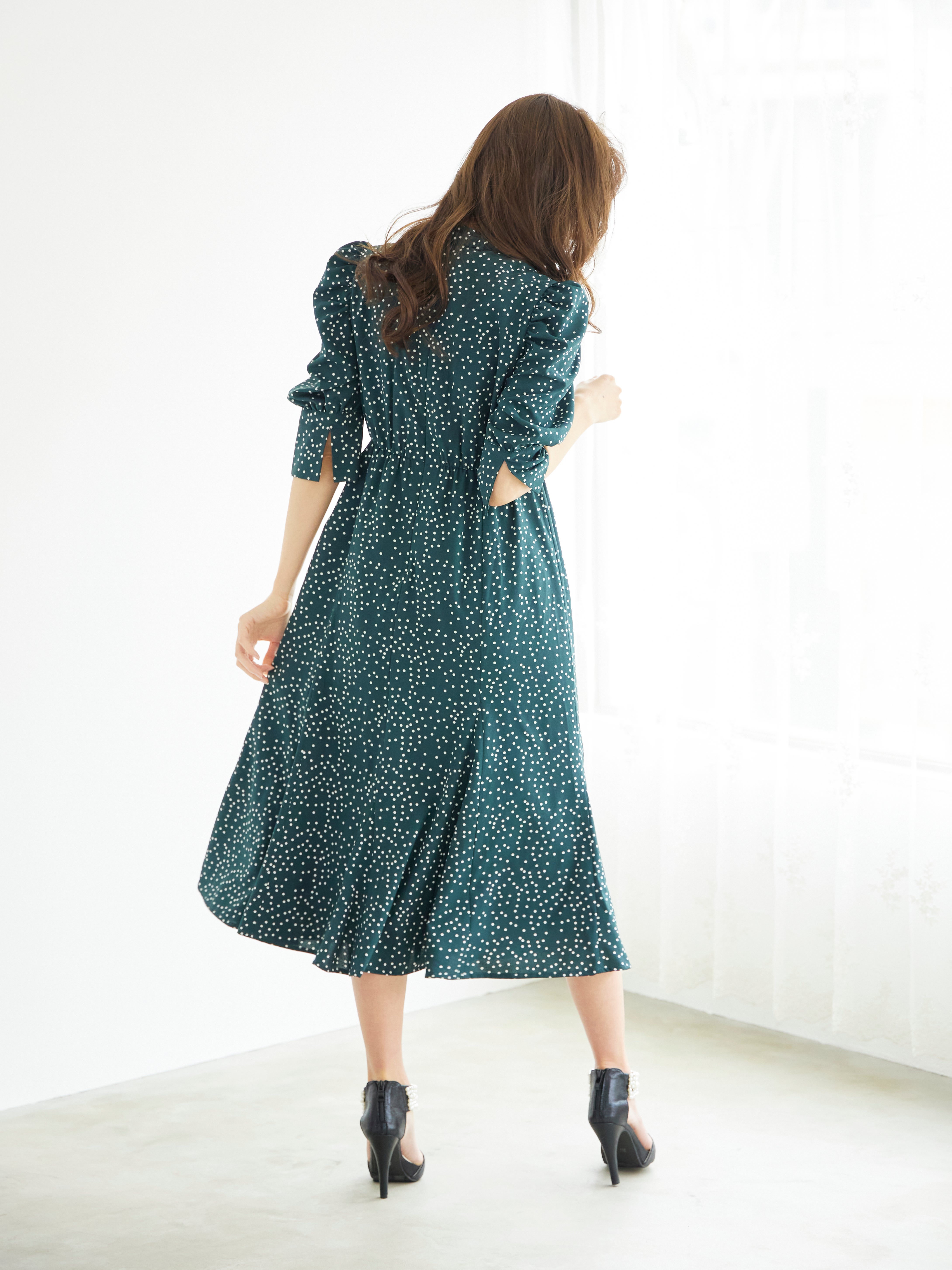 [レンタル] BELINDA DE CAPRIS ギャザースリーブ ドットワンピースドレス グリーンの宅配レンタル - 7