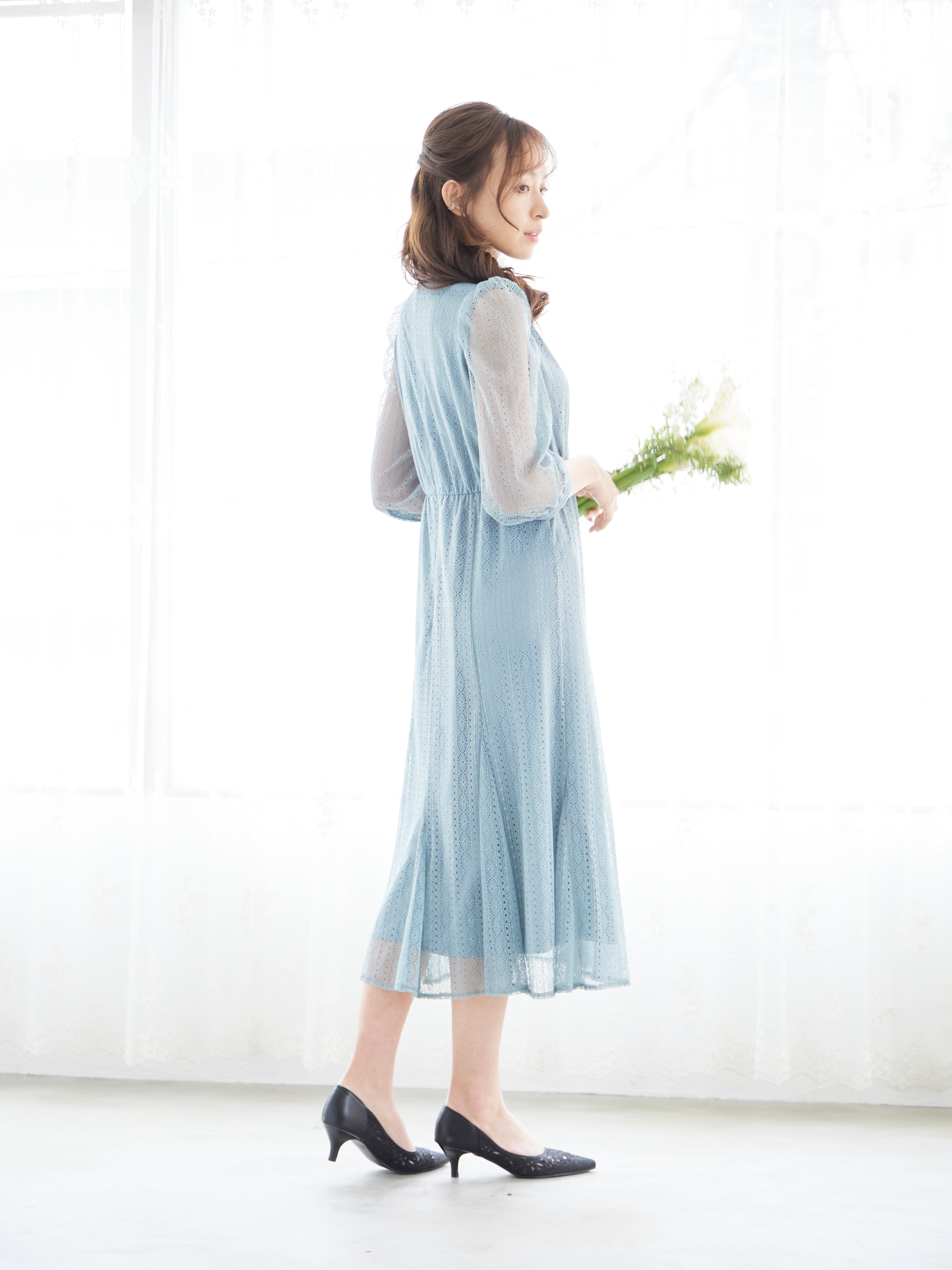 [レンタル] BELINDA DE CAPRIS リボン付きギャザースリーブ レースワンピースドレス サックスブルーの宅配レンタル - 7