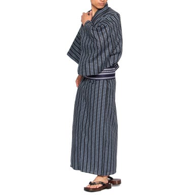メンズ浴衣 フルセット 格子柄 身長目安170cm・175cm・180cm ブラック Mサイズ