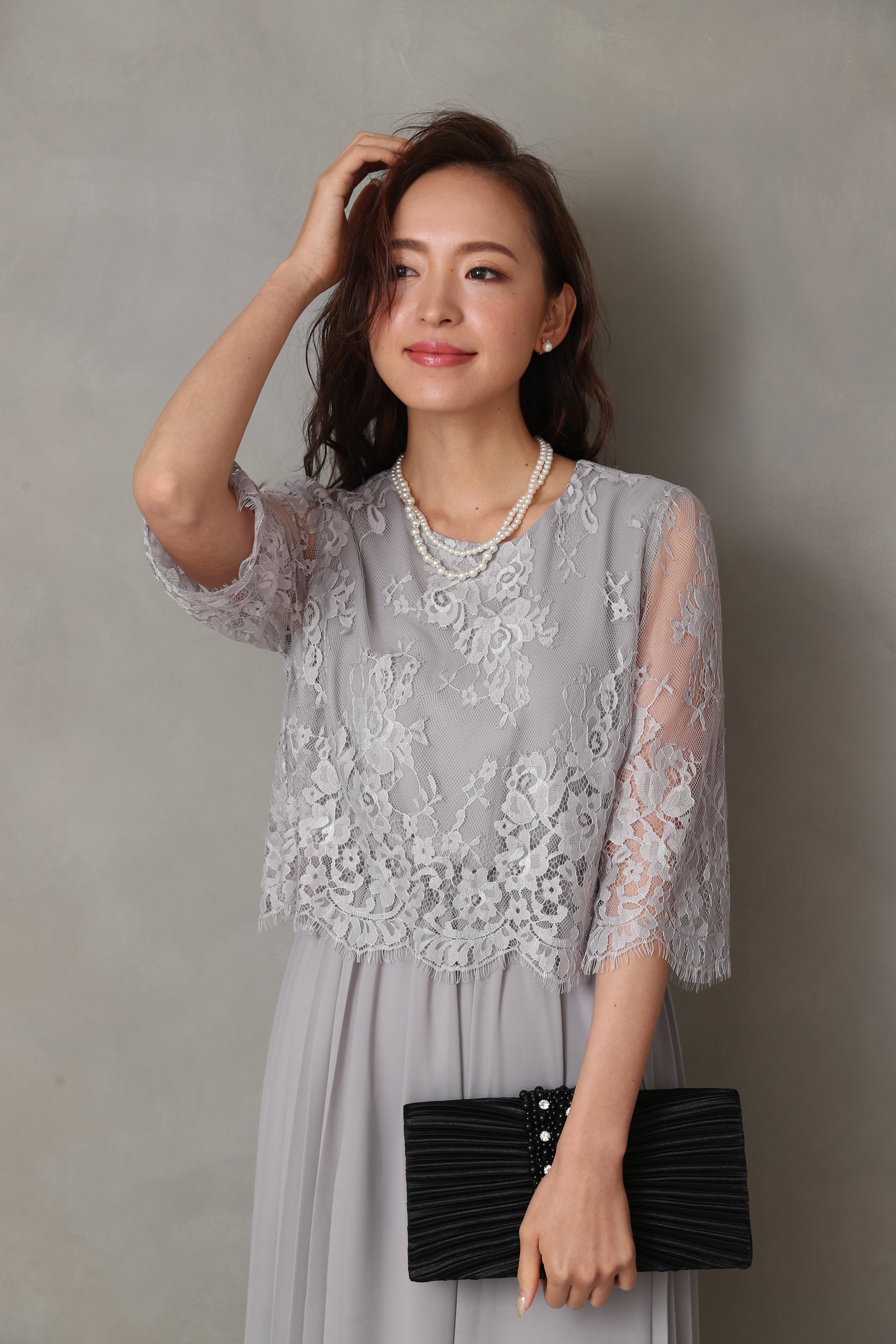 [レンタル] BELINDA DE CAPRIS サイドプリーツ レーススリーブ ワンピースドレス グレーの宅配レンタル - 25