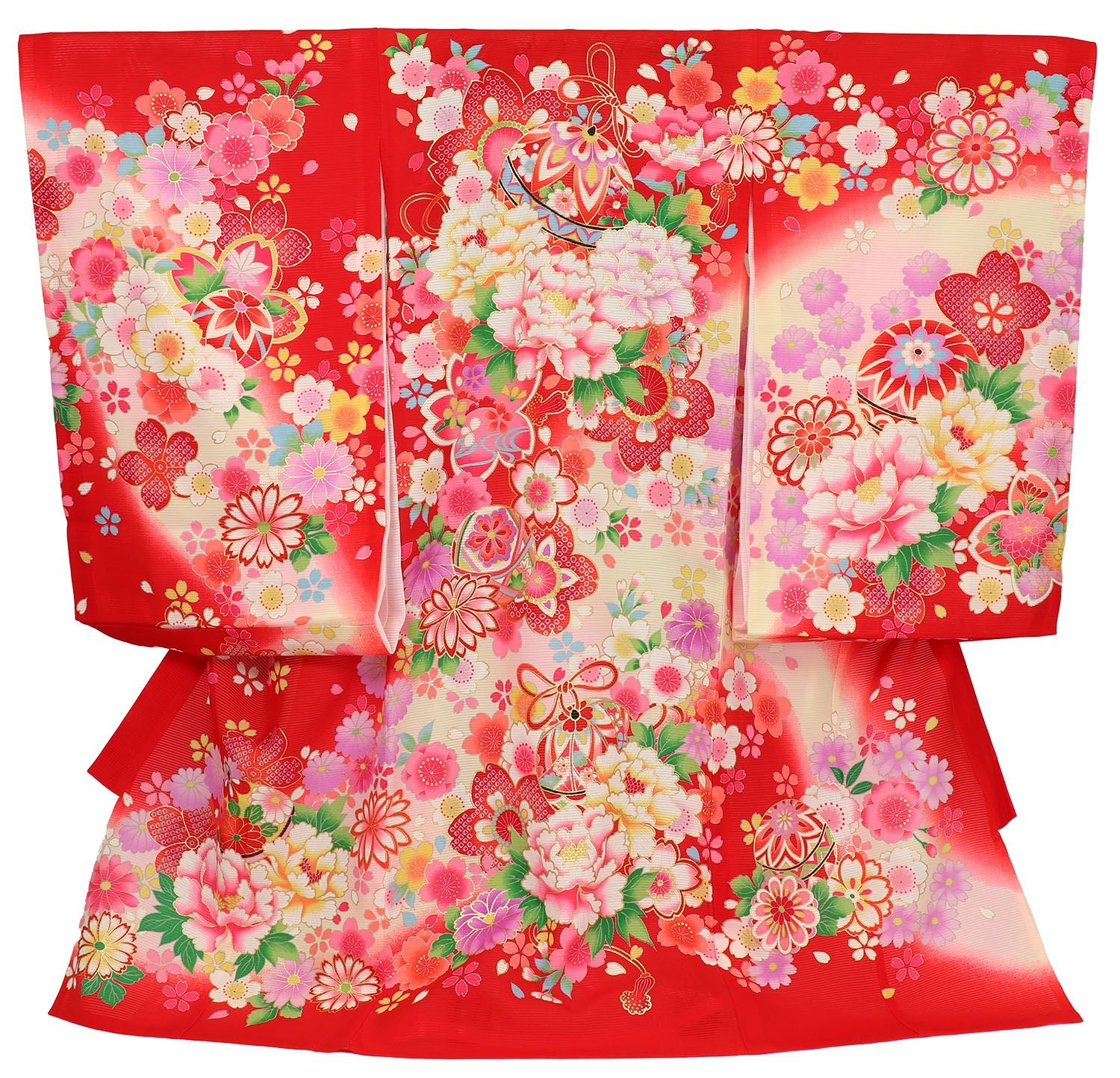 [レンタル] 女の子 お宮参り 産着 絽（夏用） レンタル6点フルセット 正絹 鈴に牡丹 赤色