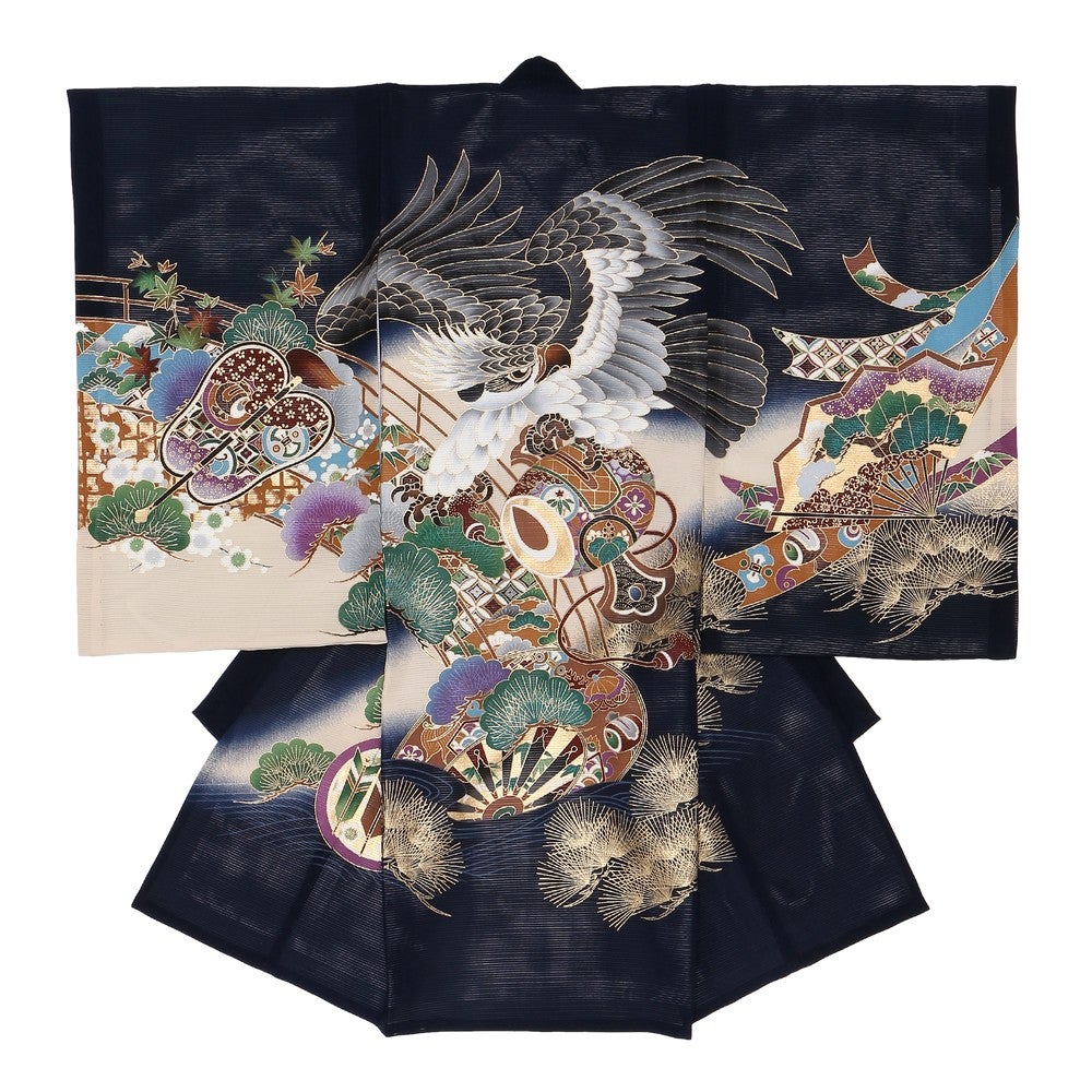 [レンタル] 男の子 お宮参り 産着・絽（夏用）レンタル6点フルセット 正絹 鷹 小槌 ネイビー