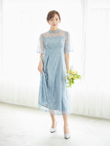 BELINDA DE CAPRIS 総レースフレア袖 ハイネック ワンピースドレス サックスブルー Lサイズ