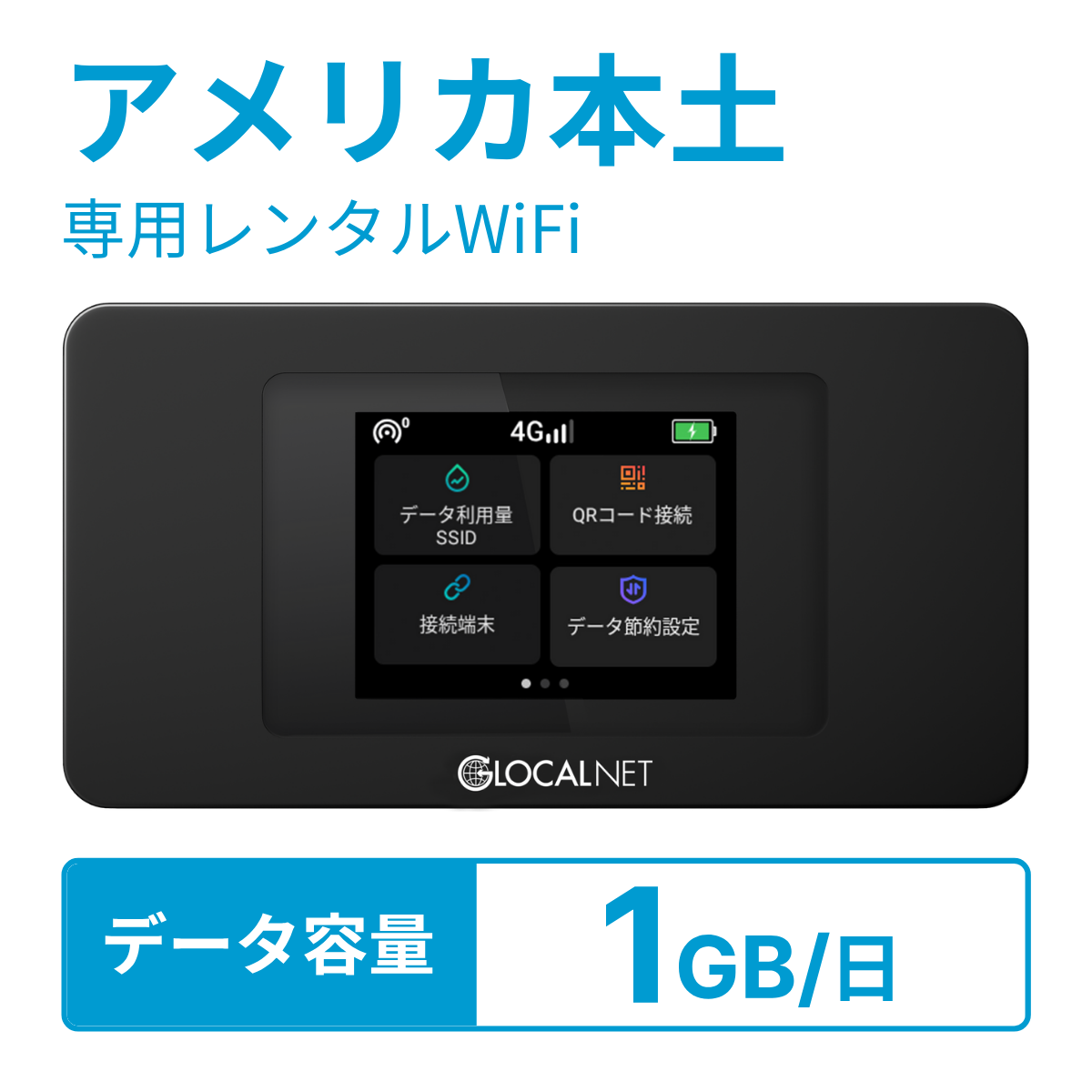 [レンタル] レンティオWiFi アメリカ本土WiFi 4G 1GB/日 データ容量プラン