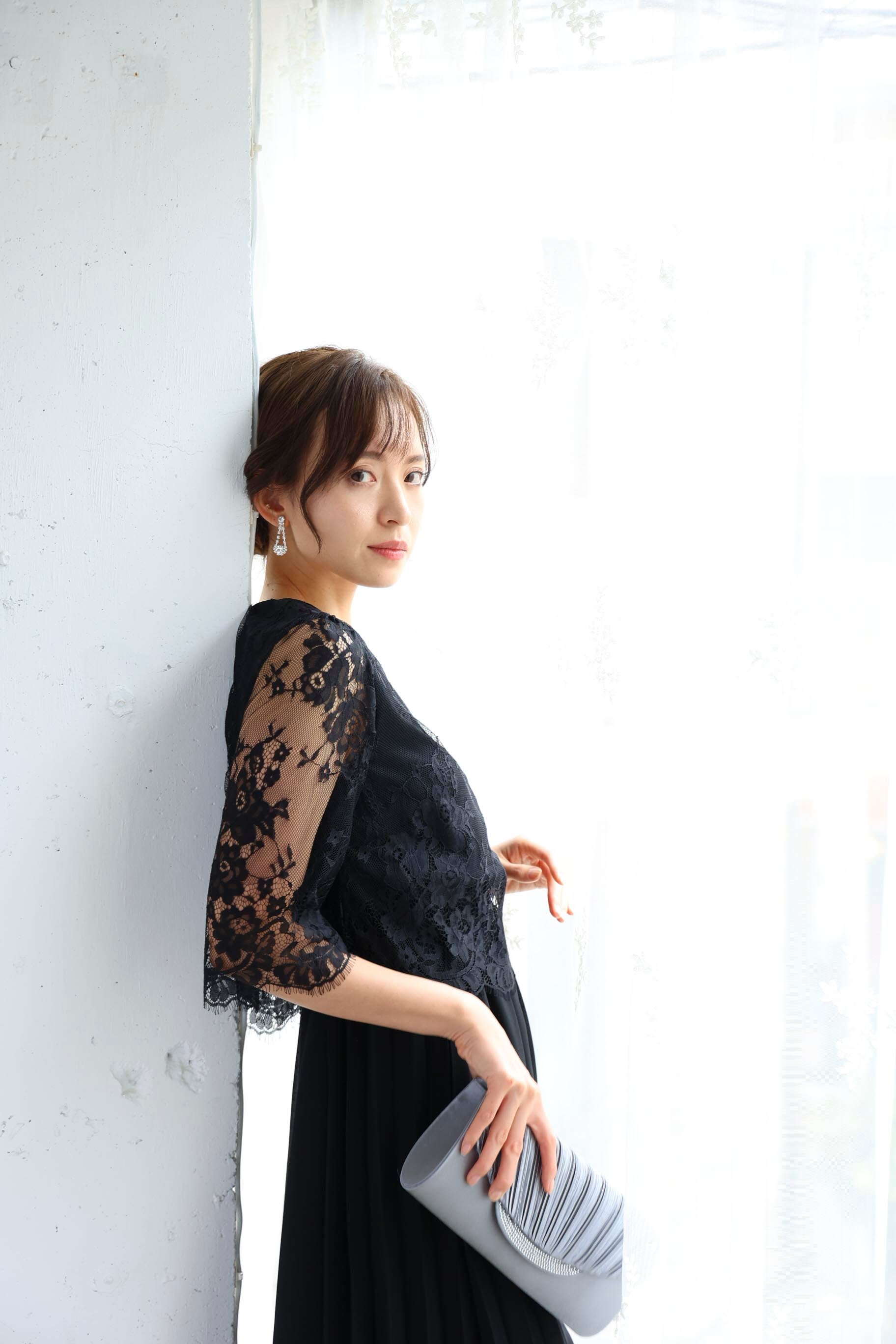 [レンタル] BELINDA DE CAPRIS サイドプリーツ レーススリーブ ワンピースドレス ブラックの宅配レンタル - 11