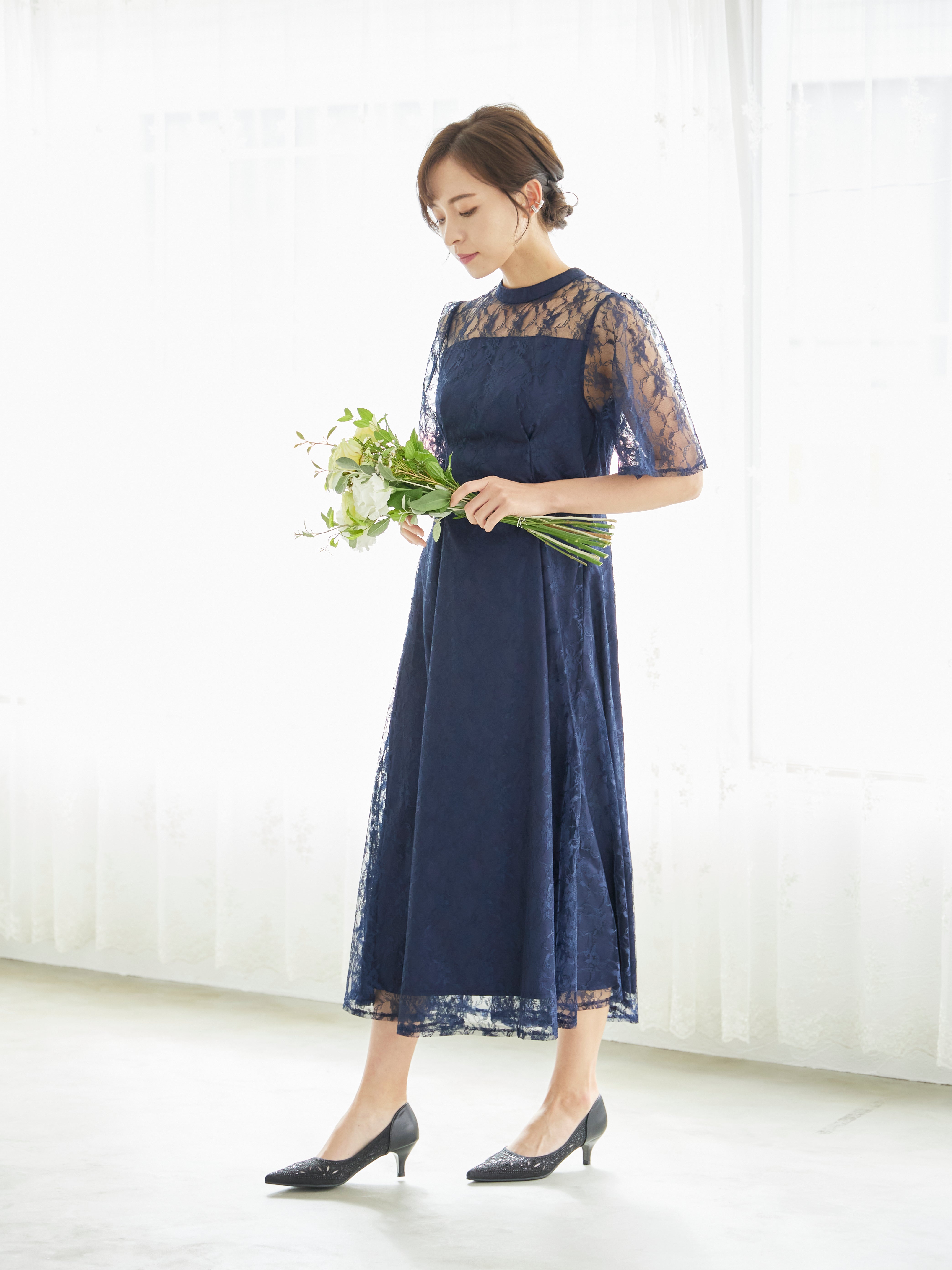 [レンタル] BELINDA DE CAPRIS 総レースフレア袖 ハイネック ワンピースドレス ネイビーの宅配レンタル - 6