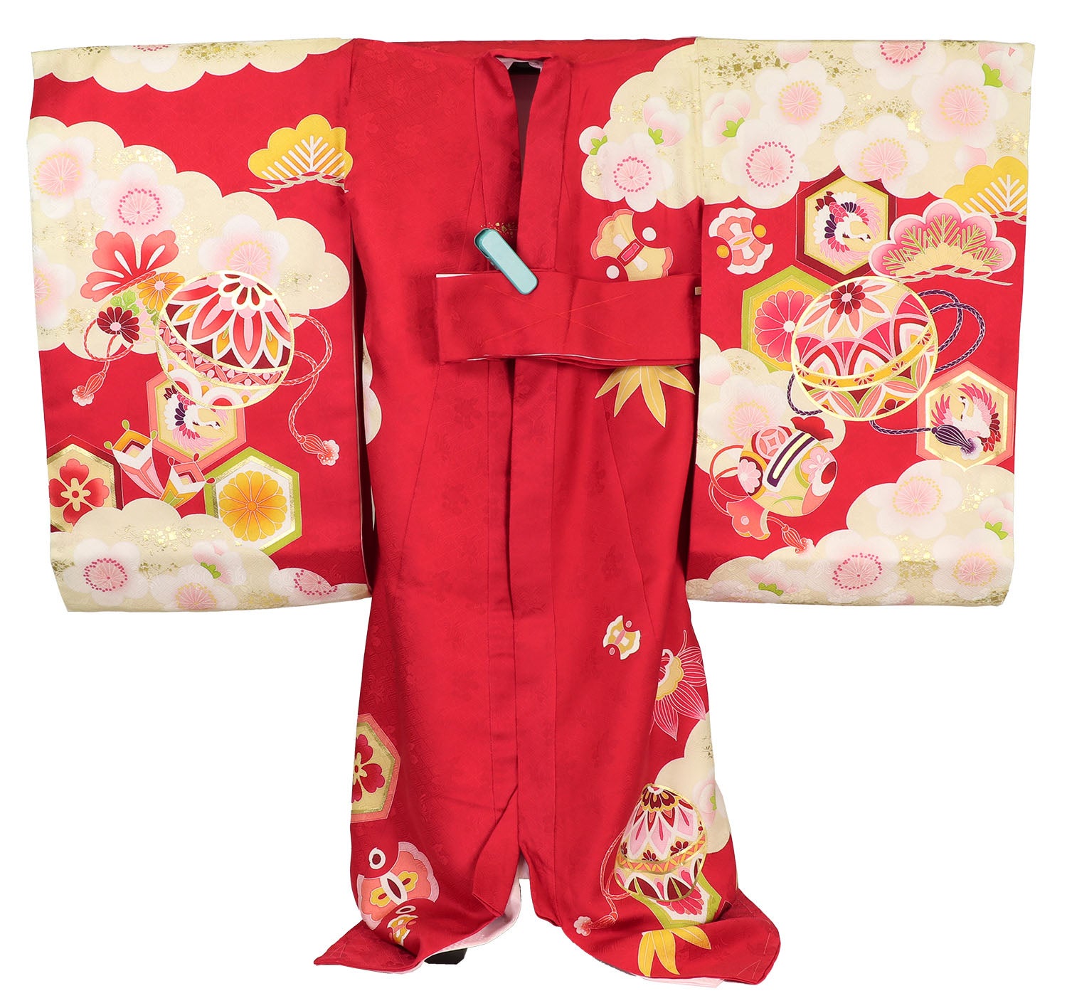 [レンタル] 女の子 お宮参り 産着 レンタル6点フルセット 正絹 鞠に打ち出の小槌 赤色の宅配レンタル - 2
