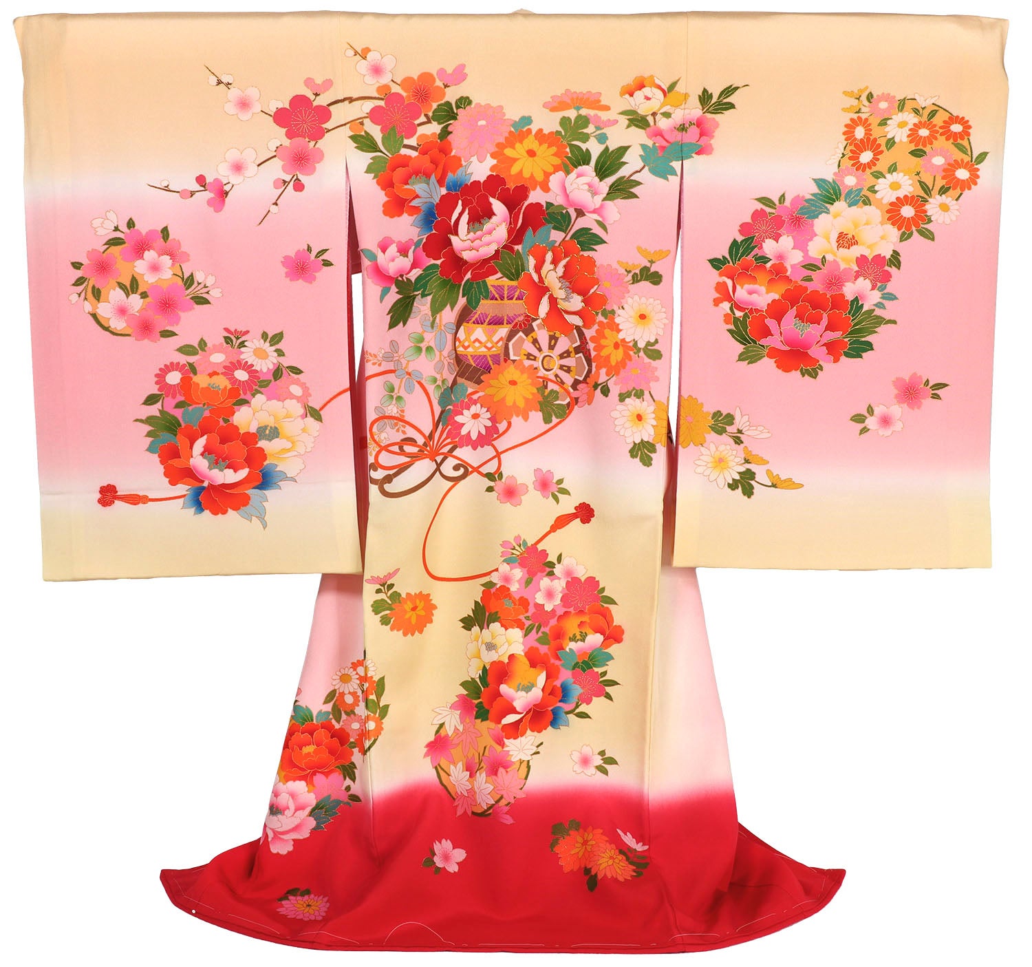 女の子 お宮参り 産着 レンタル6点フルセット 正絹 牡丹の花車 クリーム色に赤ぼかし