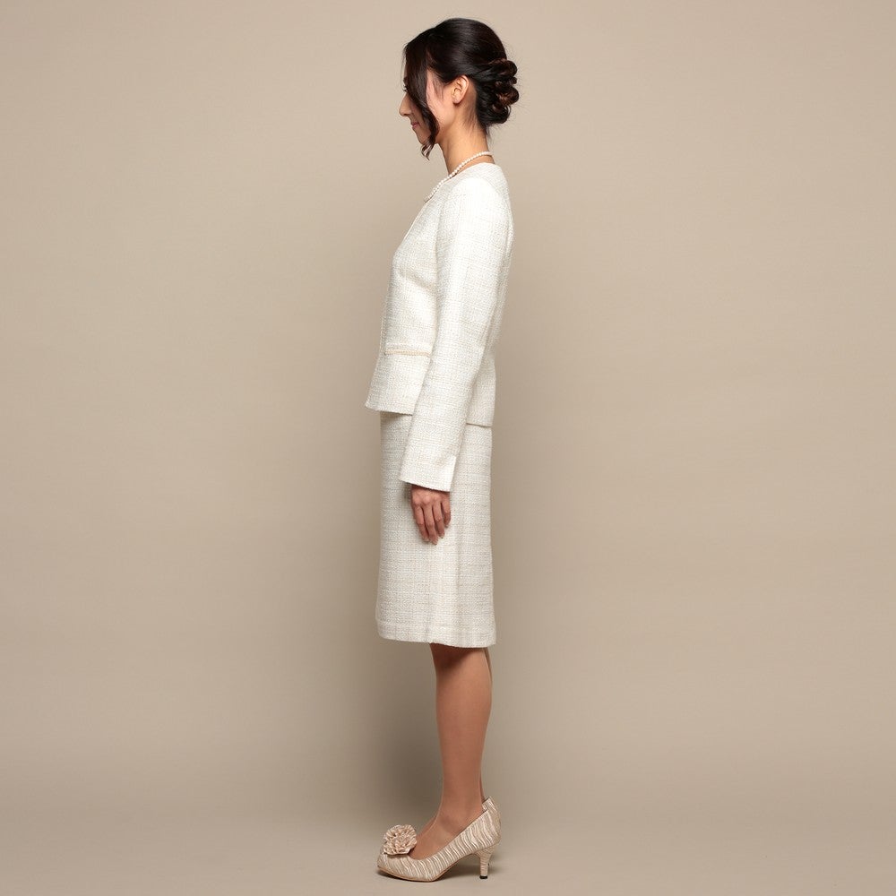 [レンタル] インディヴィ ツイード仕立て セレモニースーツ2点セット(ノーカラージャケット+スカート) ベージュ / グレーの宅配レンタル - 2