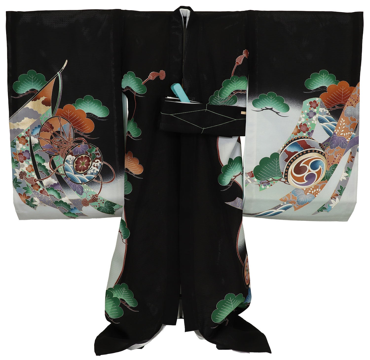 [レンタル] 男の子 お宮参り 産着 絽（夏用） レンタル6点フルセット 正絹 兜と熨斗に軍配 黒色の宅配レンタル - 2