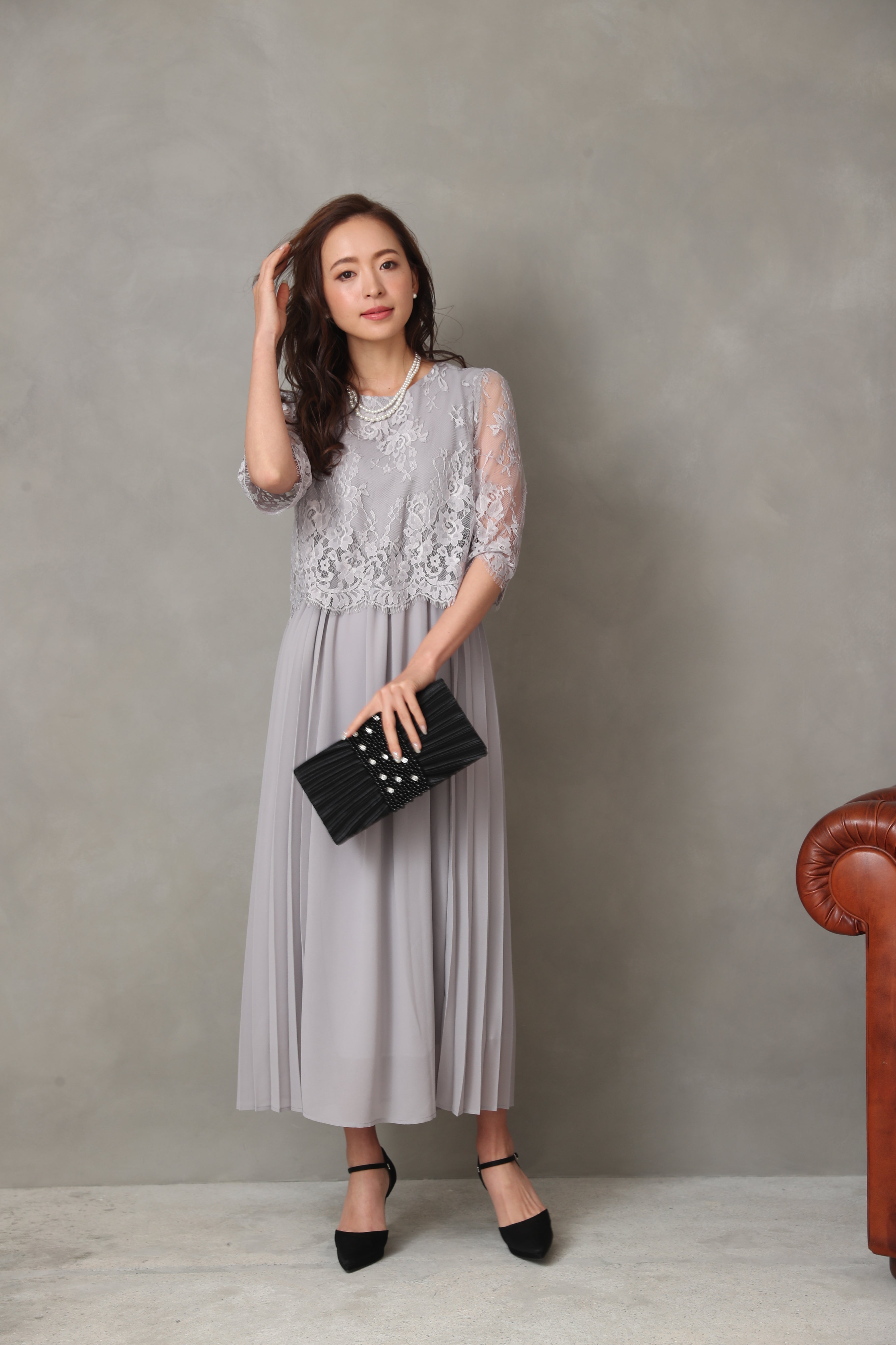 [レンタル] BELINDA DE CAPRIS サイドプリーツ レーススリーブ ワンピースドレス グレーの宅配レンタル - 12